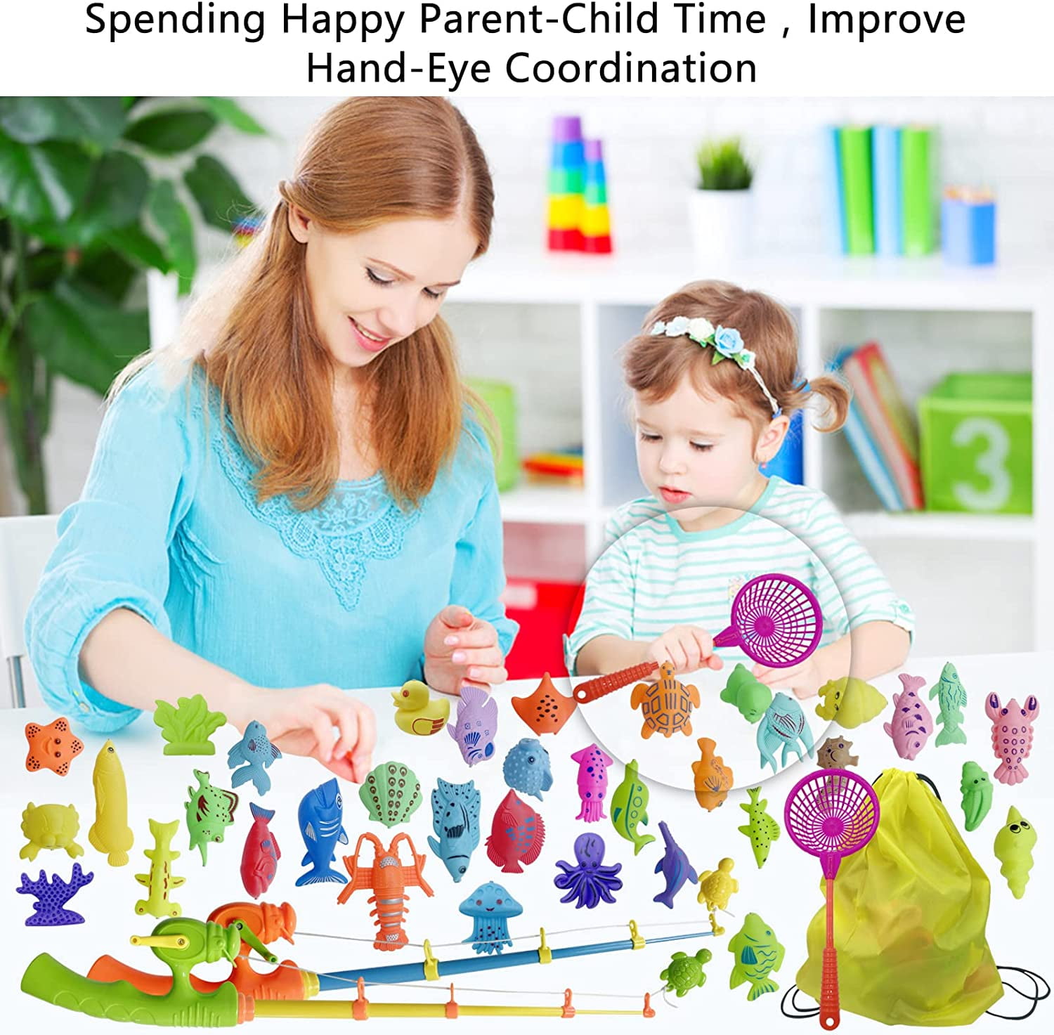 Rirool Magnetic Fishing Game Toy for Kids - 40PCS Ocean Animals, 2 Rods & Nets - Bath, Pool, Floor Play, STEM Learning Toy for Toddlers Preschool - Image 5