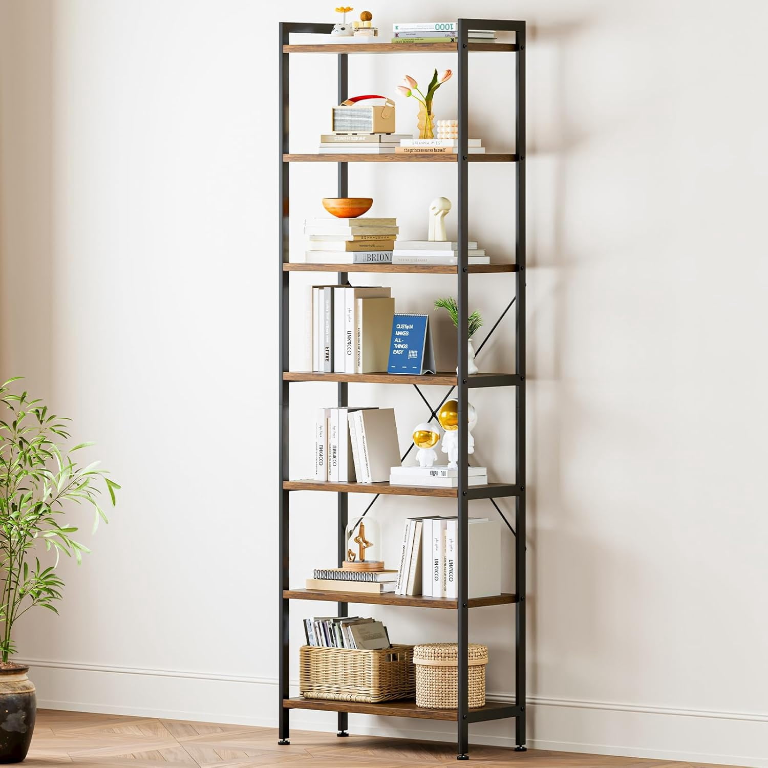 Book Shelf, 6/7 Tier Tall Bookshelf, Modern Wood Bookcase Shelves for Bedroom, Industrial Display Shelf for Living Room Home Office Kitchen, Standing Shelving Unit Storage Organizer - Image 3