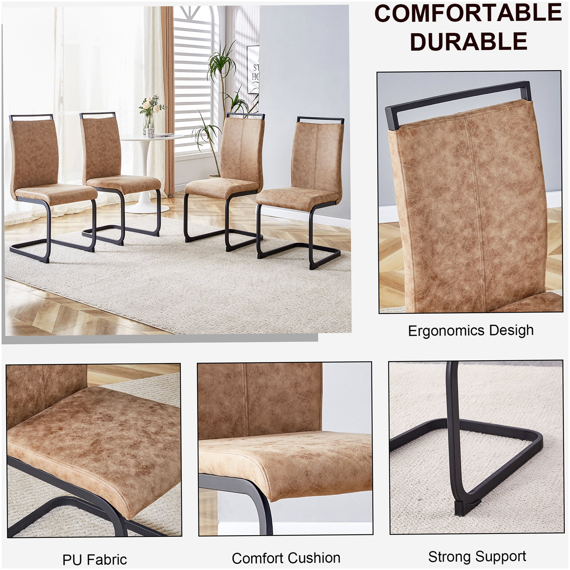 Brown Tech Cloth Dining Chairs Set of 2 - High Back Upholstered Side Chairs with C-Shaped Metal Legs for Kitchen, Dining Room, Office - Image 8