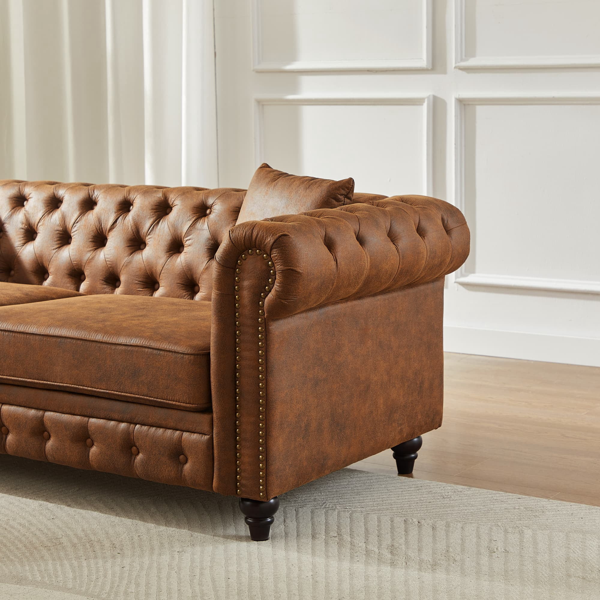 85.5" Rolled Arm 3 Seater Sofa, Tech Fabric Performance Couch with Button Tufted Design, Heavy Duty Wood Frame 750lbs Capacity, Brown - Image 9