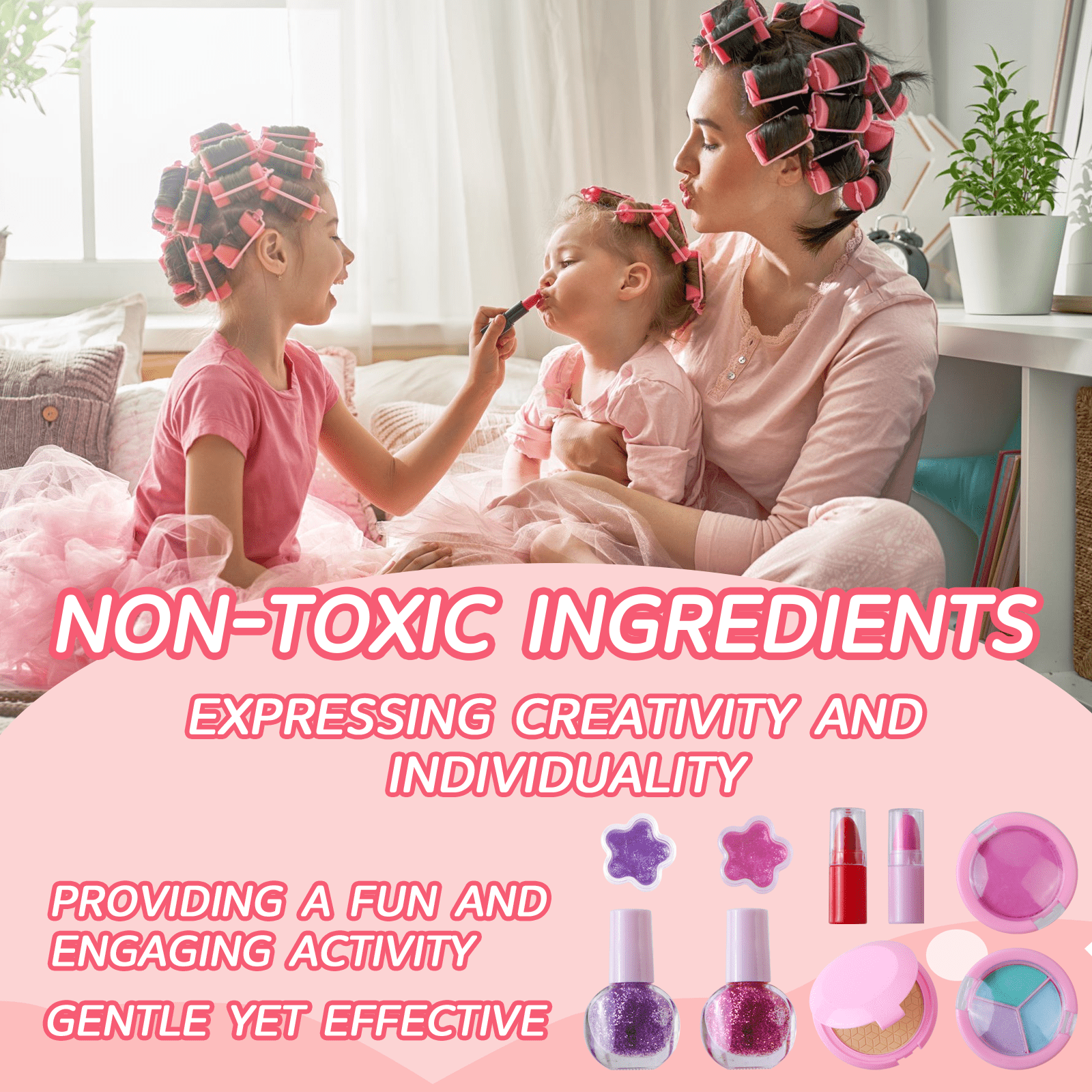 Rirool Girls Makeup Kit โ Washable Play Cosmetics with Pink Seashell Bag, Nail Stickers, Lipsticks, Eyeshadow & Brushes, Ages 3-10 - Image 4