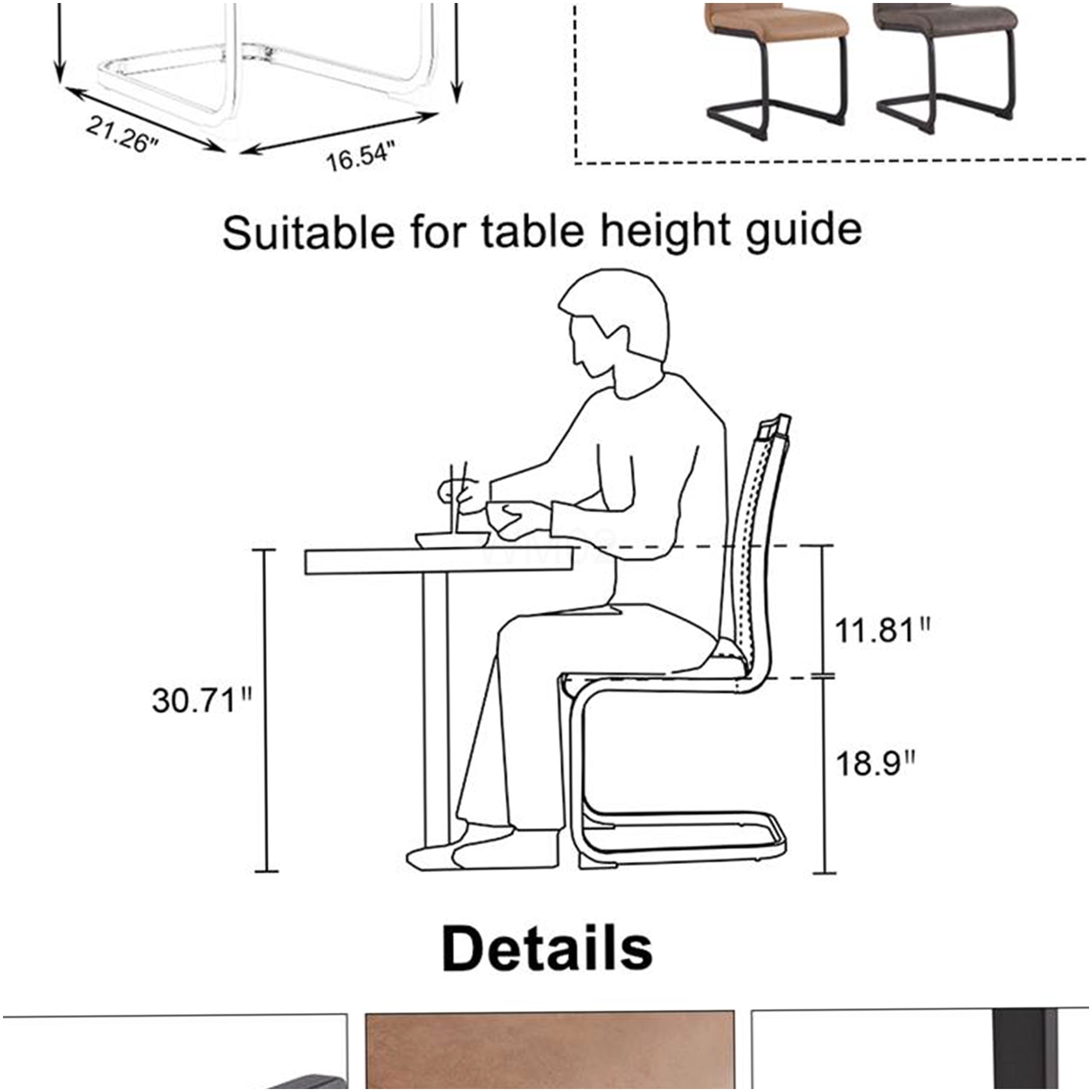 Brown Tech Cloth Dining Chairs Set of 2 - High Back Upholstered Side Chairs with C-Shaped Metal Legs for Kitchen, Dining Room, Office - Image 7