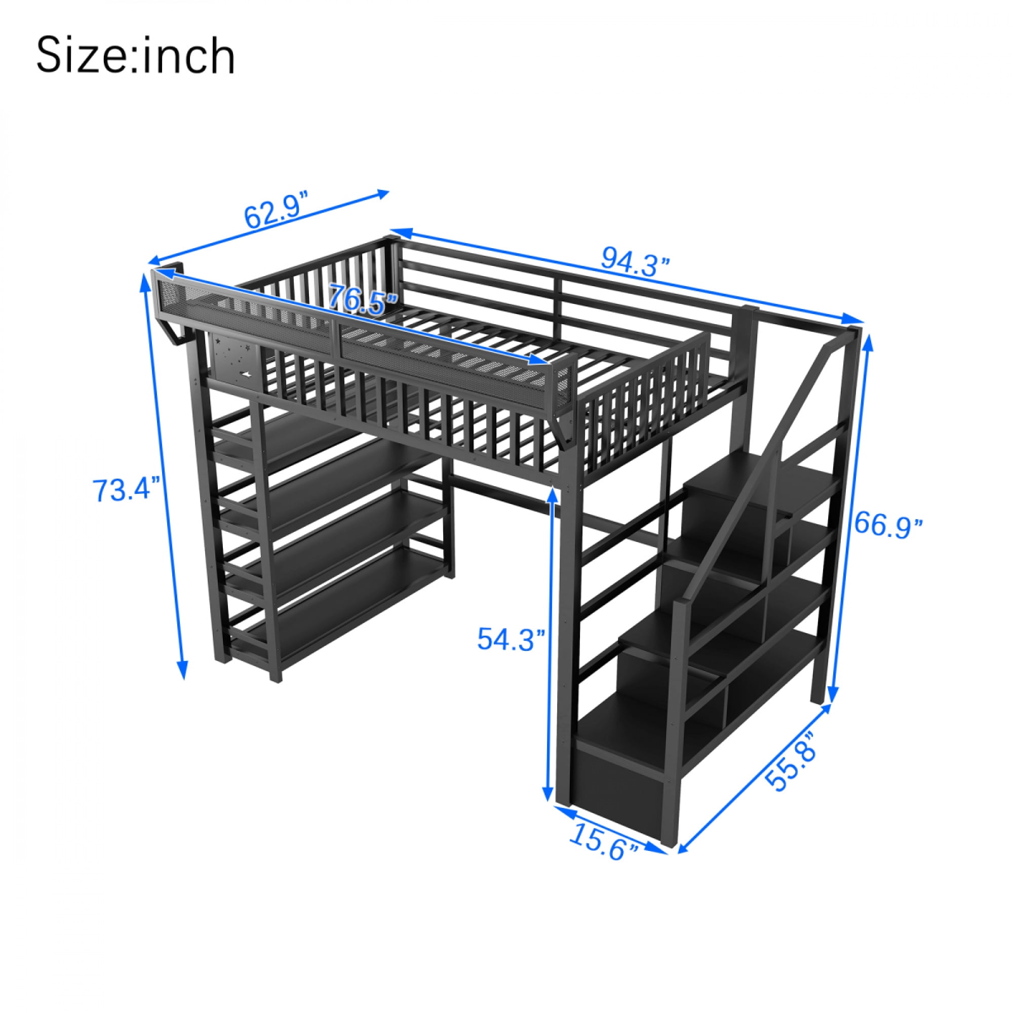 Full Loft Bed with 4 Shelf Storage Rack and Charging Station, Metal Full Loft Bed with Stairs Storage for Bedroom,Black - Image 2