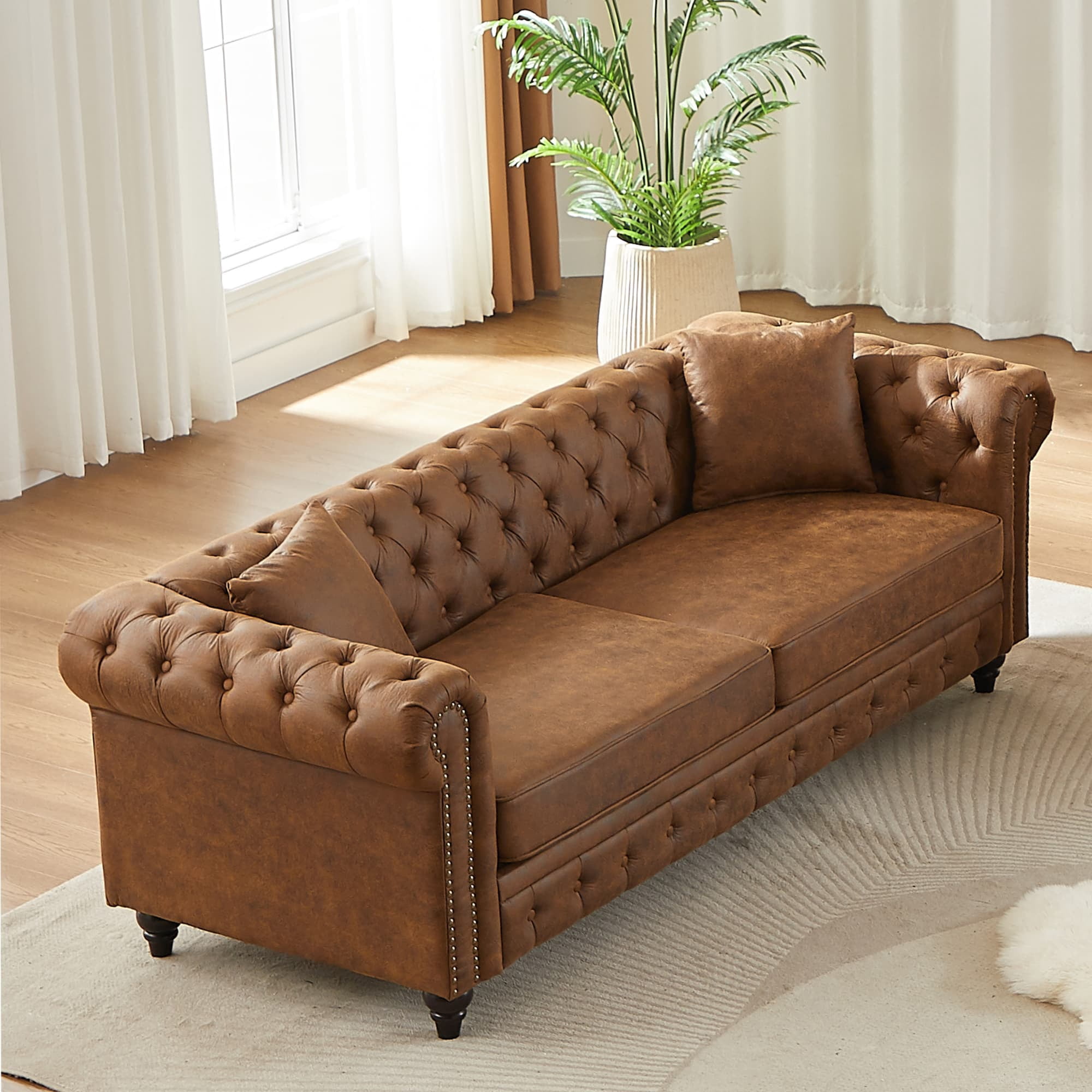 85.5" Rolled Arm 3 Seater Sofa, Tech Fabric Performance Couch with Button Tufted Design, Heavy Duty Wood Frame 750lbs Capacity, Brown - Image 10