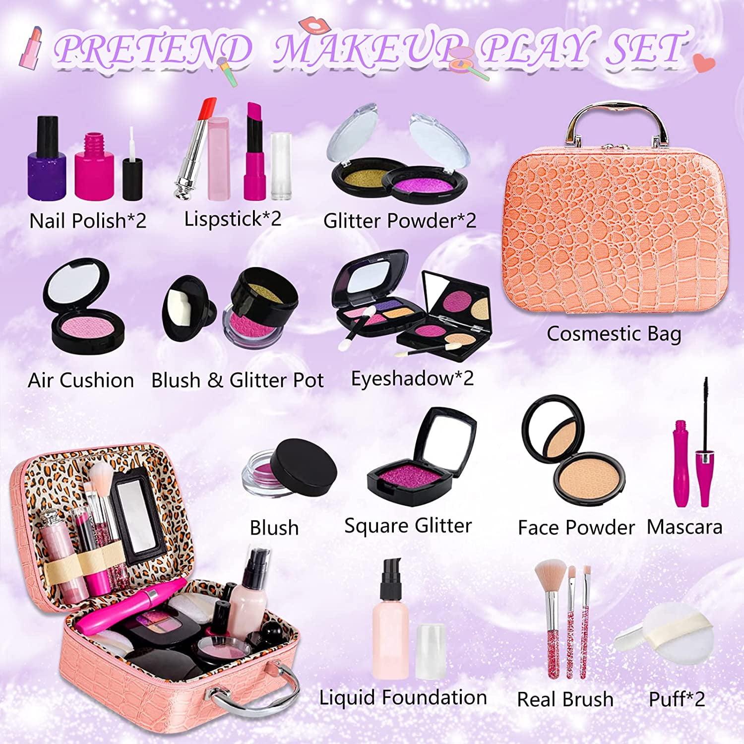 Rirool Pretend Makeup Kit for Girls - Kids Play Set with Cosmetic Bag - Ideal Gift for Toddlers & Little Girls Age 3+ (Not Real Makeup) - Image 2