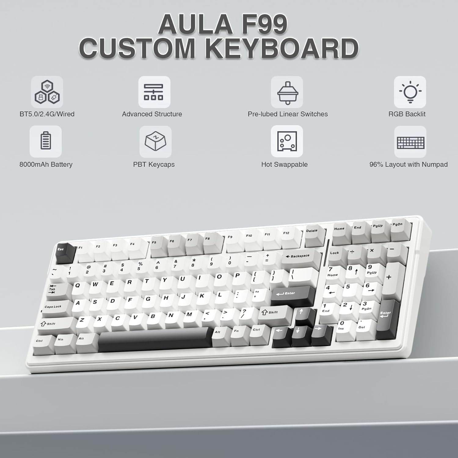 F99 Wireless Mechanical Keyboard,Tri-Mode BT5.0/2.4GHz/USB-C Hot Swappable Custom Keyboard,Pre-lubed Linear Switches,RGB Backlit Computer Gaming Keyboards for PC/Tablet/PS/Xbox - Image 6