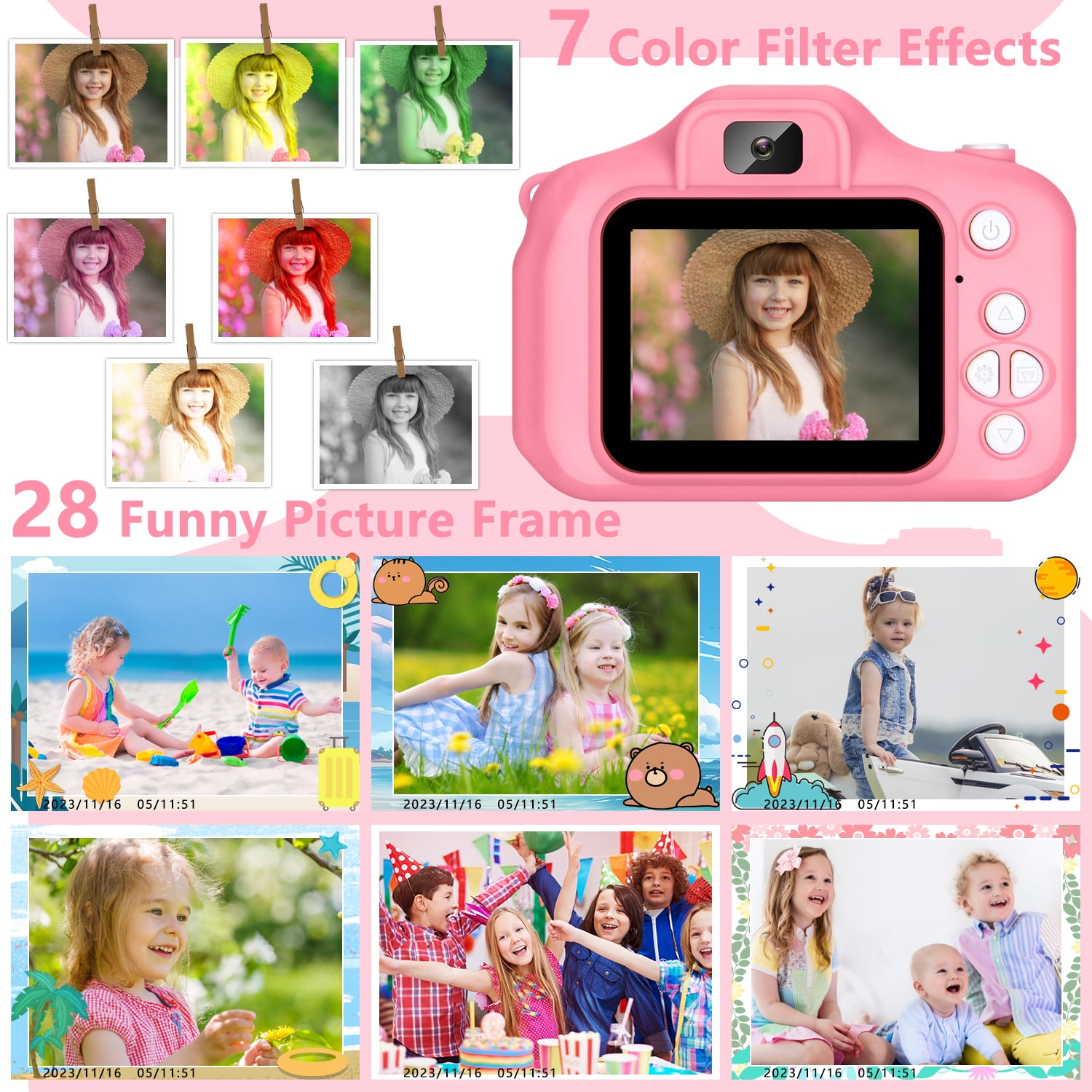 Rirool HD Kids Digital Camera for Girls 3-12, 13MP Video & Photo Camera with 32GB SD Card, Selfie Camera for Toddlers, Best Birthday Gift for 3-10 Year Old Girls (Pink) - Image 7