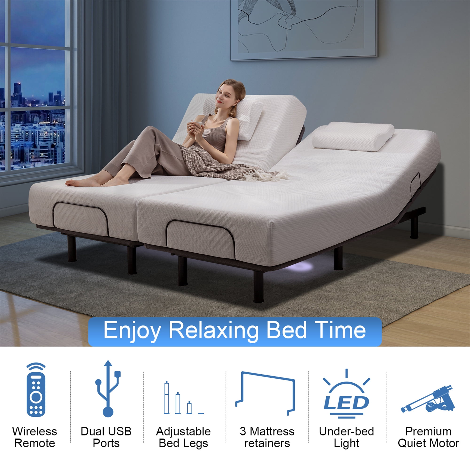 Split King Adjustable Bed Base with Massage, Electric Bed Frame Dual Head & Foot Lift, Wireless Remote, Zero Gravity, Anti-Snore, LED Light, USB Ports - Image 3