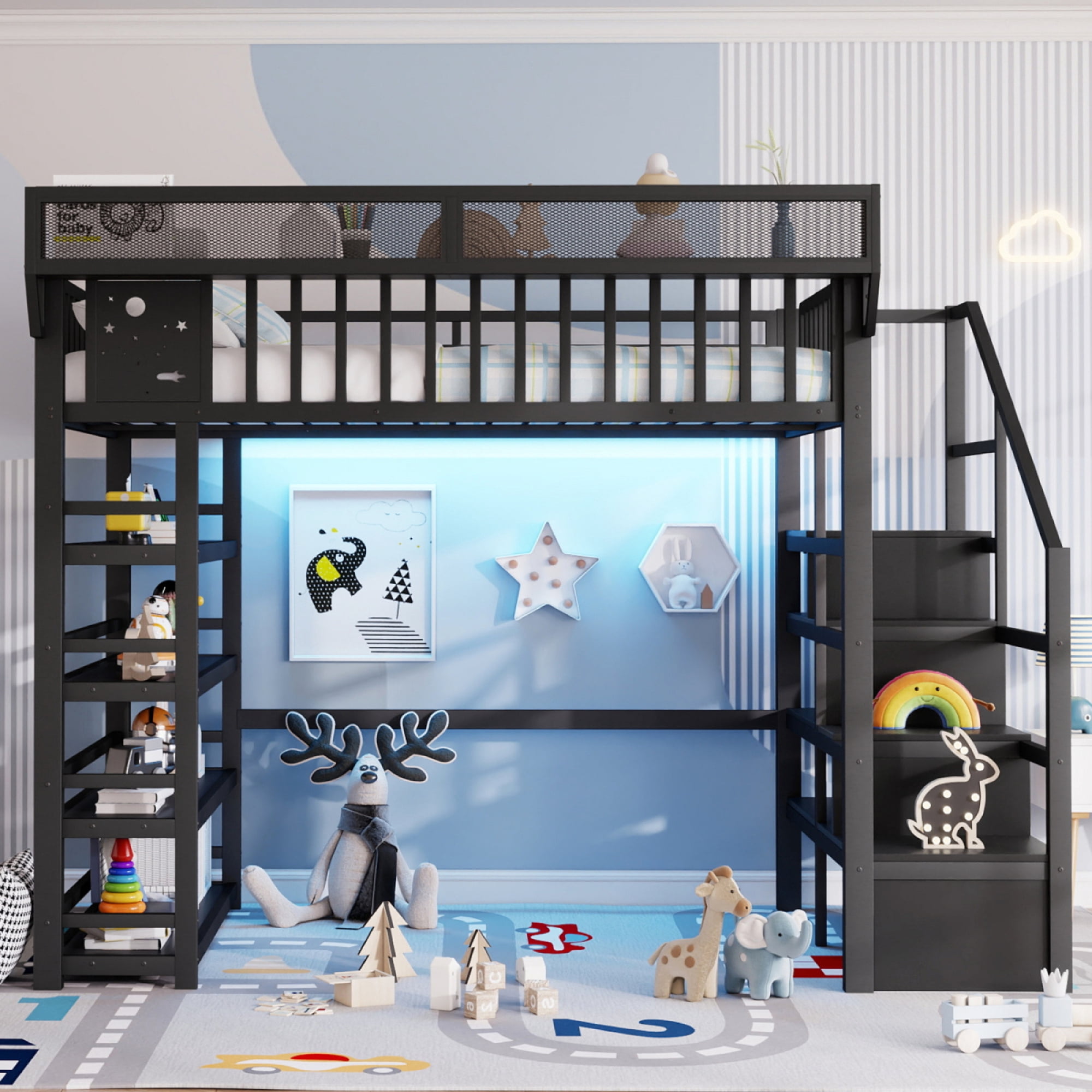 Full Loft Bed with 4 Shelf Storage Rack and Charging Station, Metal Full Loft Bed with Stairs Storage for Bedroom,Black - Image 3