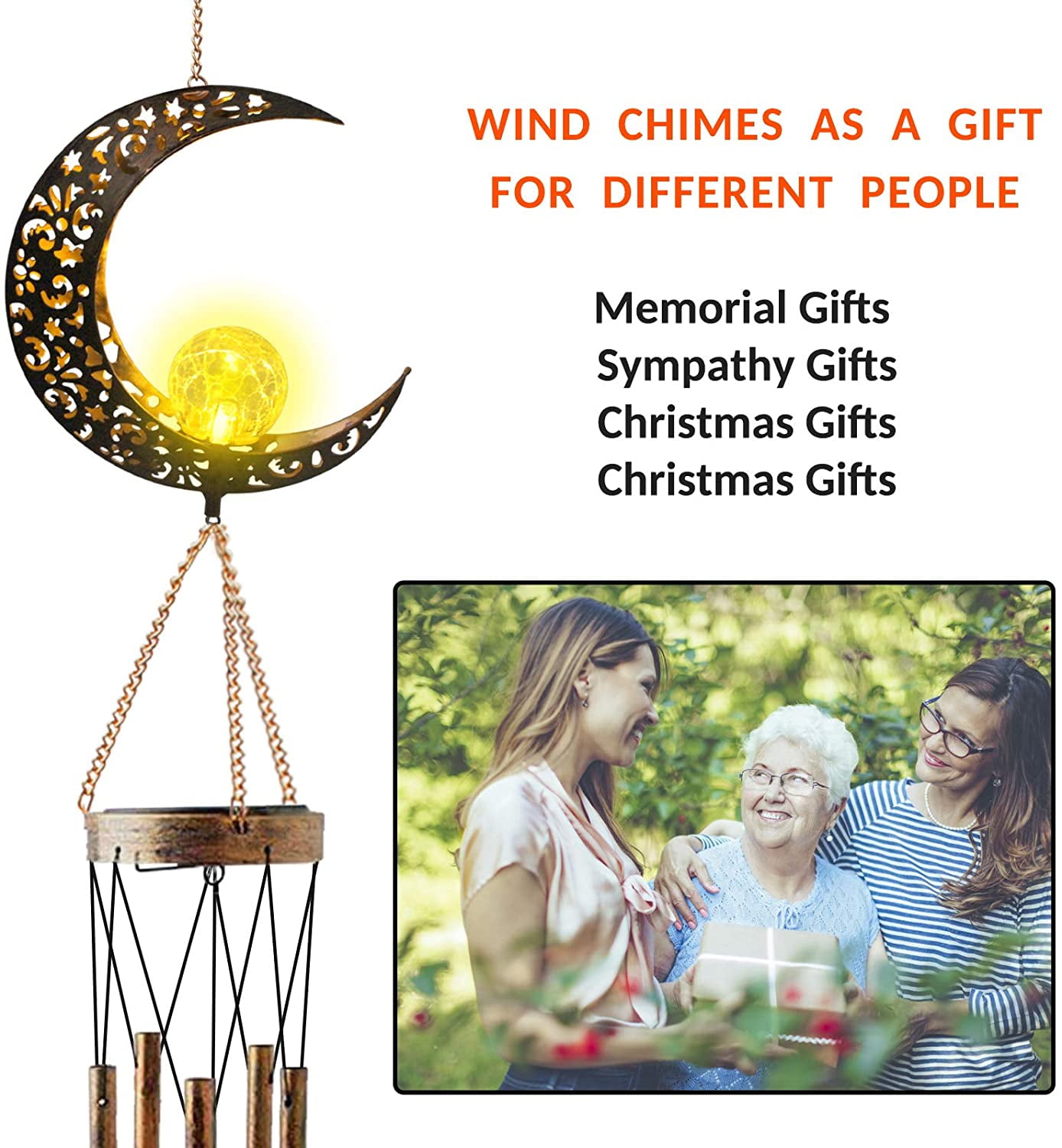 Rirool Solar Wind Chimes Retro Brass Moon Design with LED Crackle Glass Globe, 5 Metal Tubes, Warm Light, Outdoor Garden Decoration, Memorial Gift for Yard, Patio - Image 6