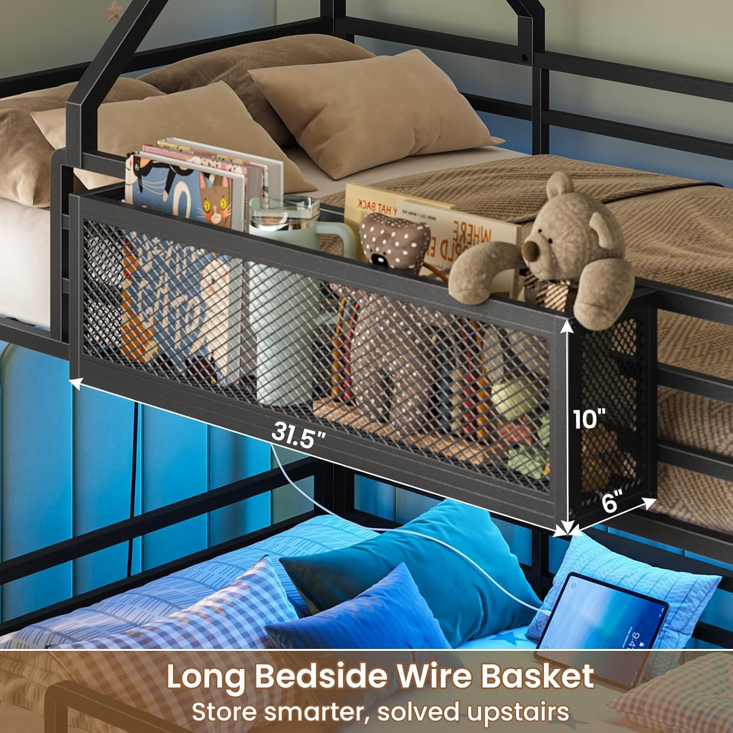 House Bunk Bed Twin Over Twin with Storage Shelf & RGB Lights - Image 5
