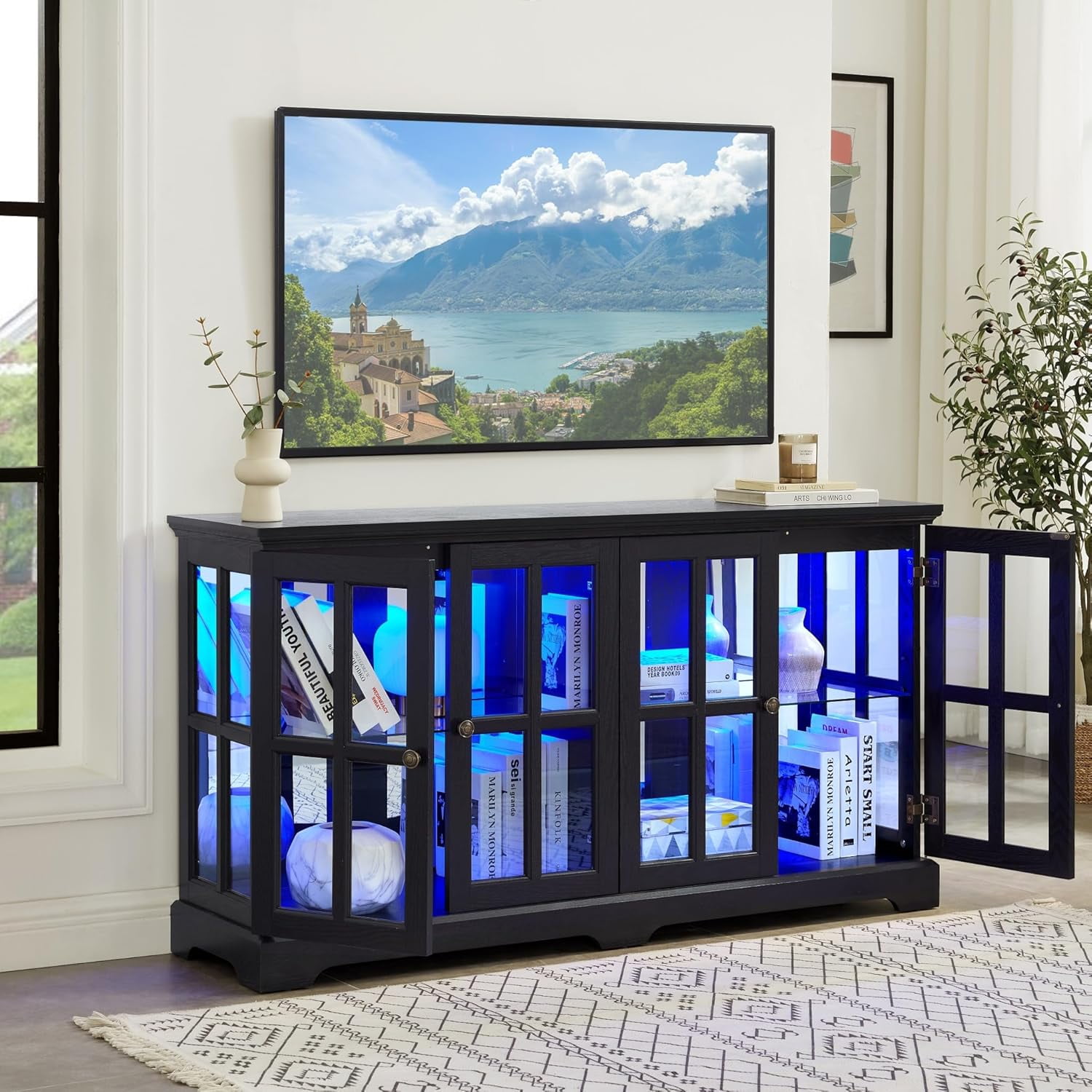 59" W LED Glass Display with 7 Color Lights, Vintage Curio Cabinet with 4 Glass Doors and Adjustable Shelves, Wooden China Case with Smartphone-Controlled for Living Room (Black) - Image 7