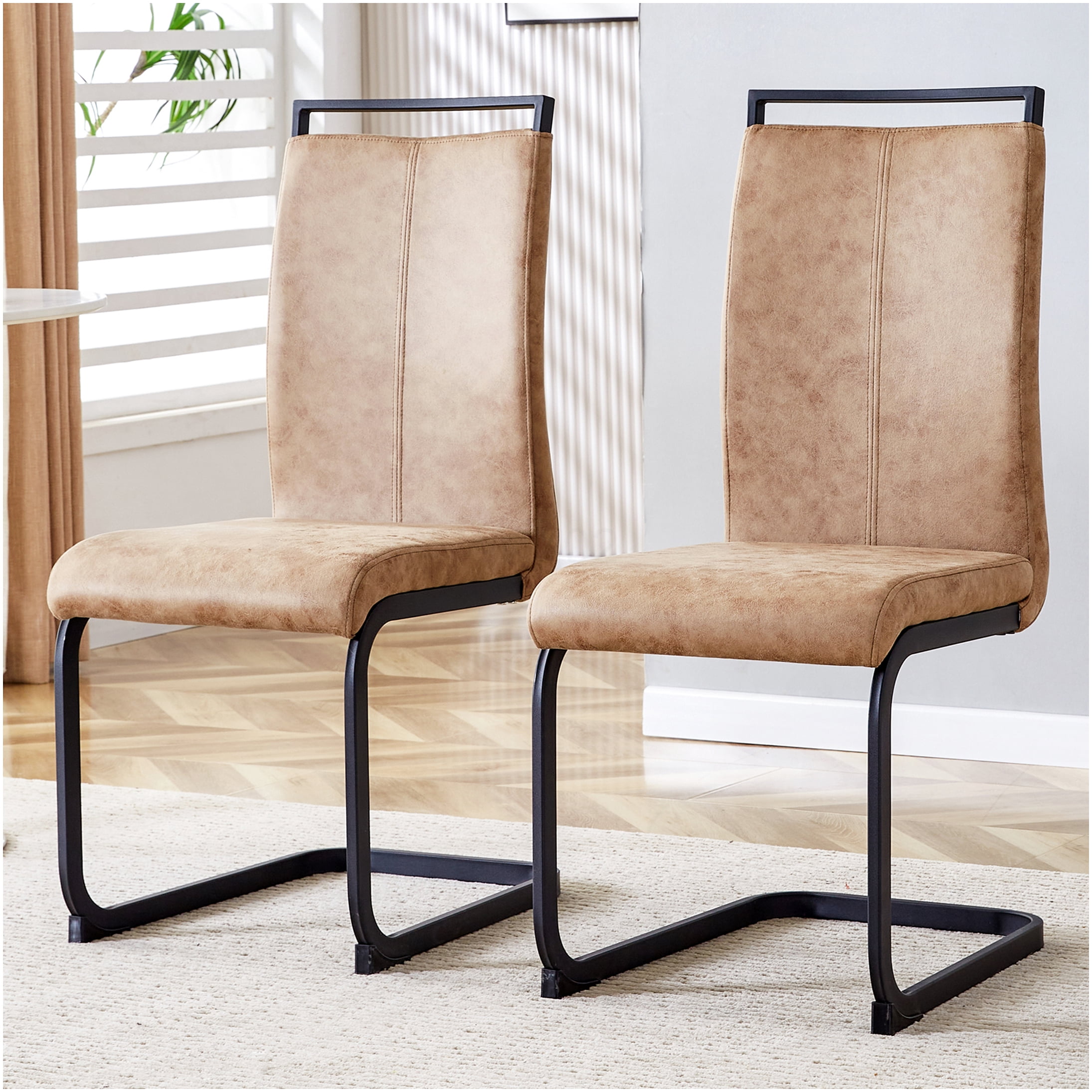 Brown Tech Cloth Dining Chairs Set of 2 - High Back Upholstered Side Chairs with C-Shaped Metal Legs for Kitchen, Dining Room, Office - Image 3