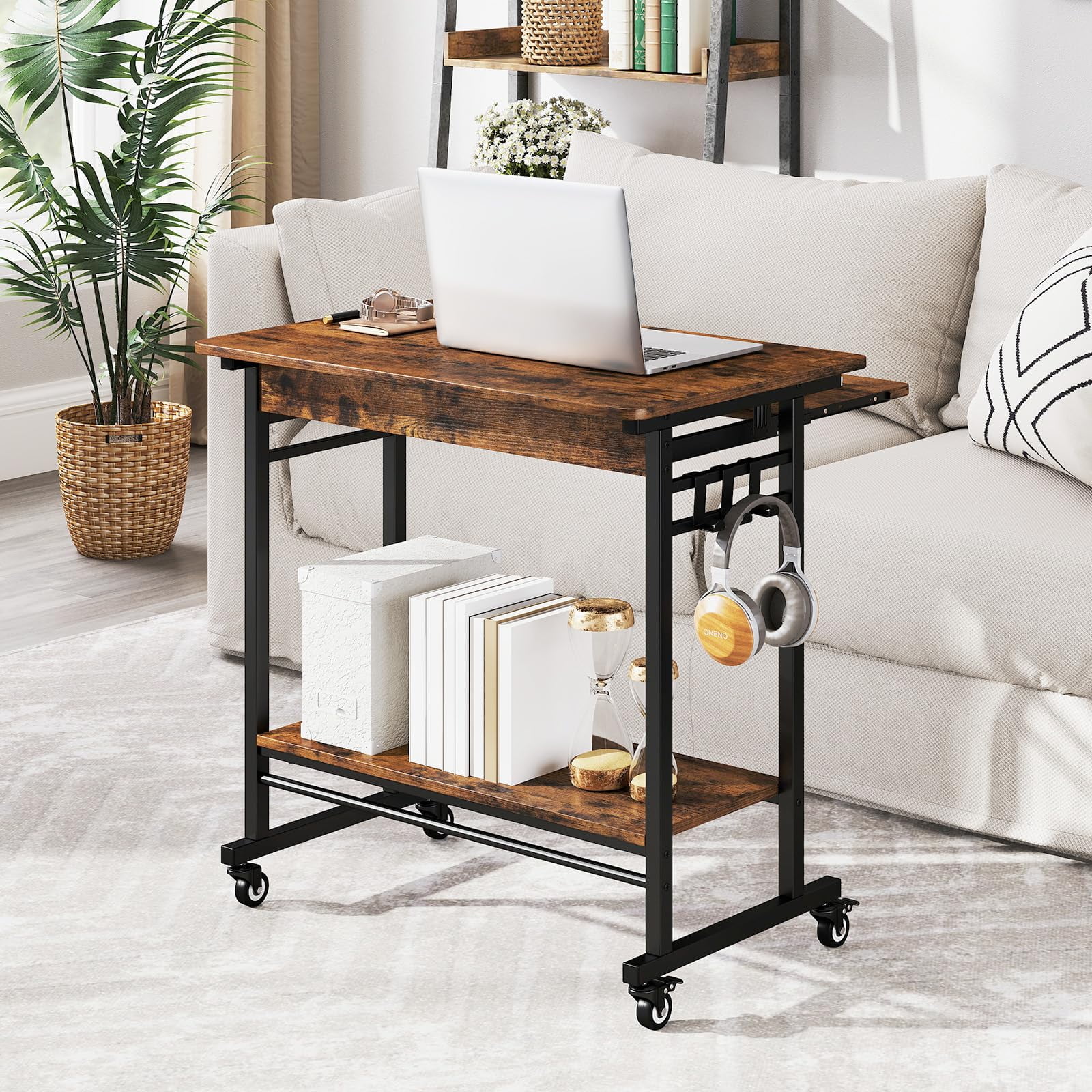 Small Rolling Computer Desk with Keyboard Tray, Portable Laptop Cart with CPU Stand & 3 Hooks, Space-Saving Workstation for Home Office - Image 3