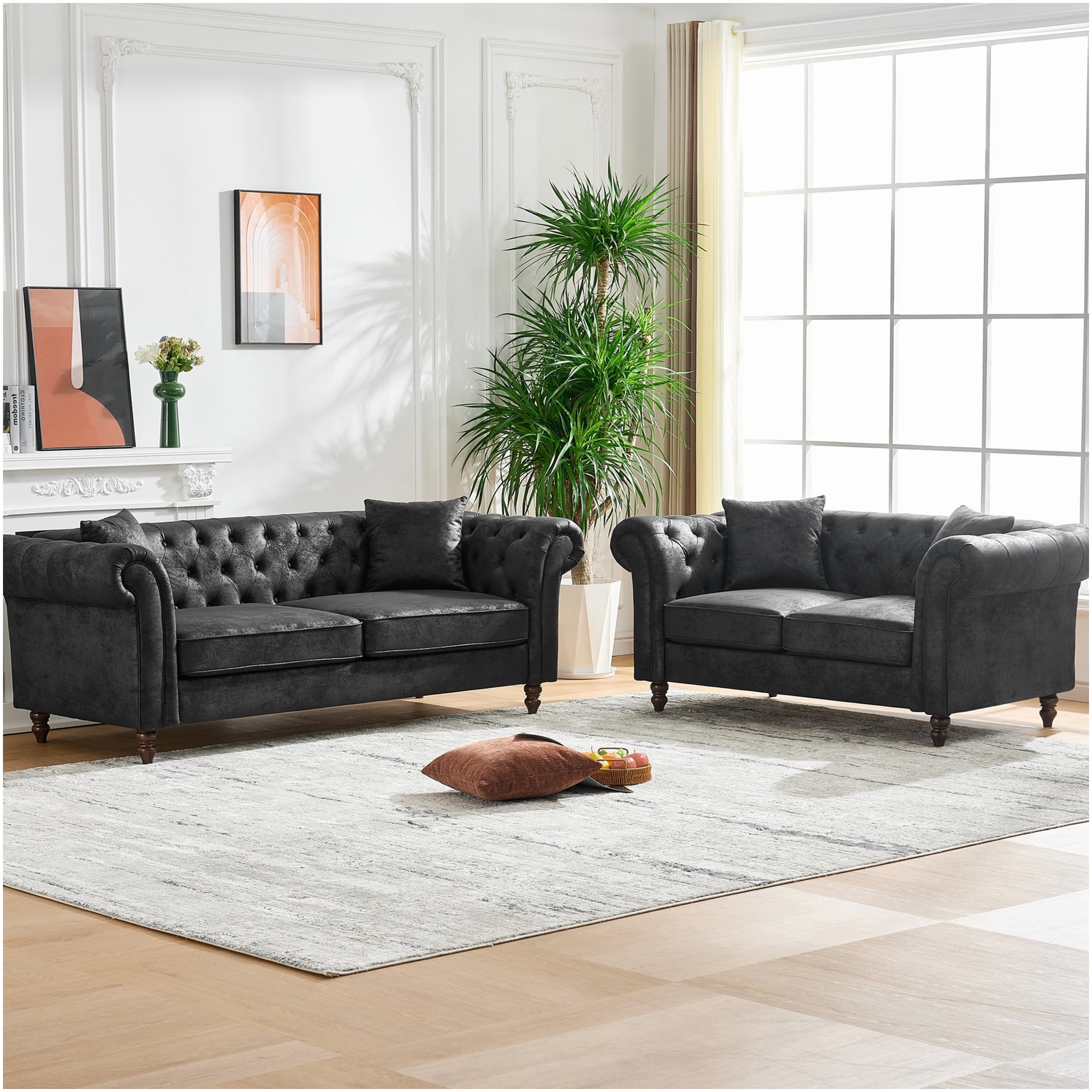 Black Chesterfield Tech Fabric Sofa, 66" Modern 2-Seater Couch with Rolled Arms, Upholstered Sofa for Living Room, Apartment, Office - Image 5