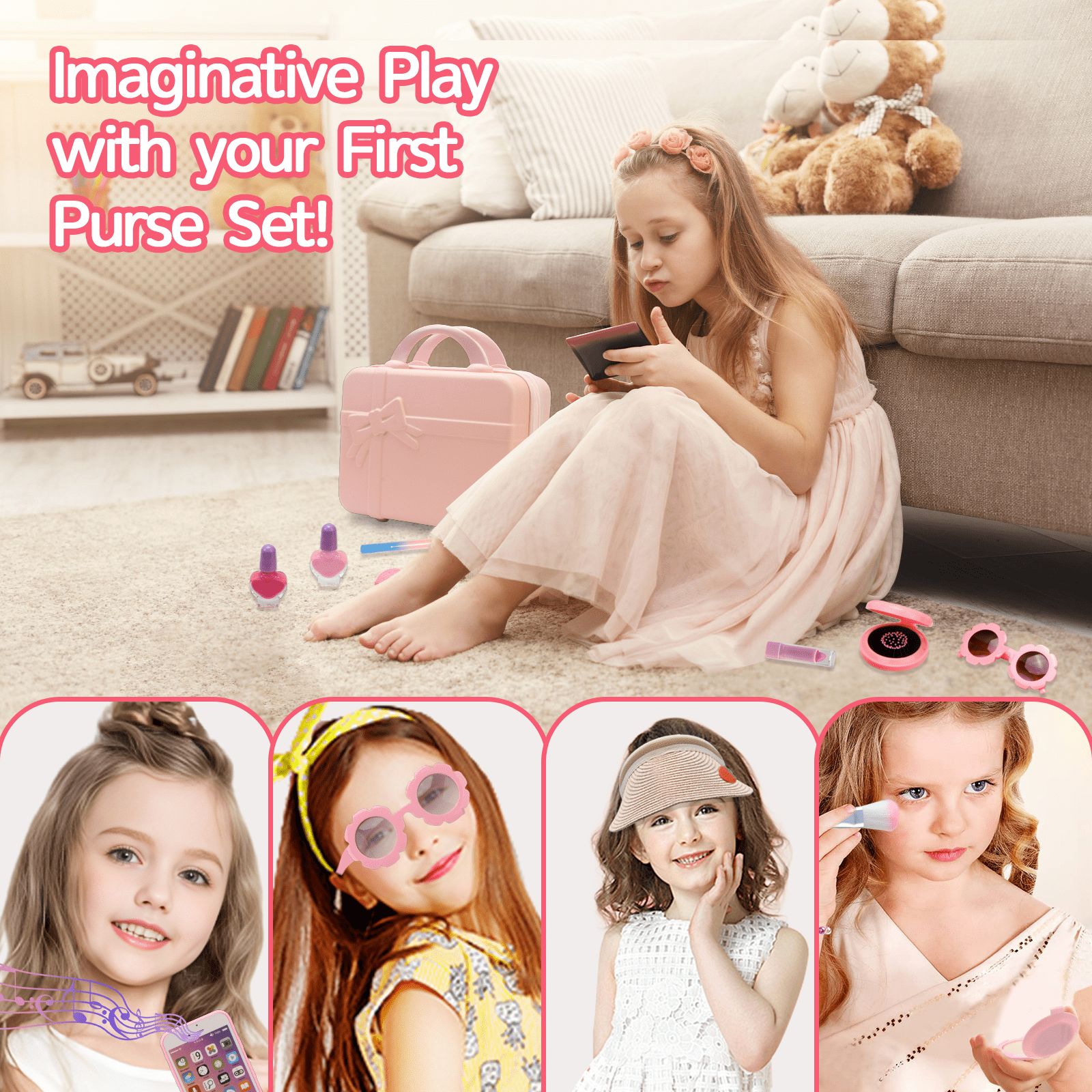 Rirool Kids Toy Travel Bag & Makeup Kit -39 Pcs Play Purse Set for Girls, Includes Wallet, Sunglasses, Phone, Sun Hat - Perfect Birthday Gift for 6-15 Year Olds - Image 5