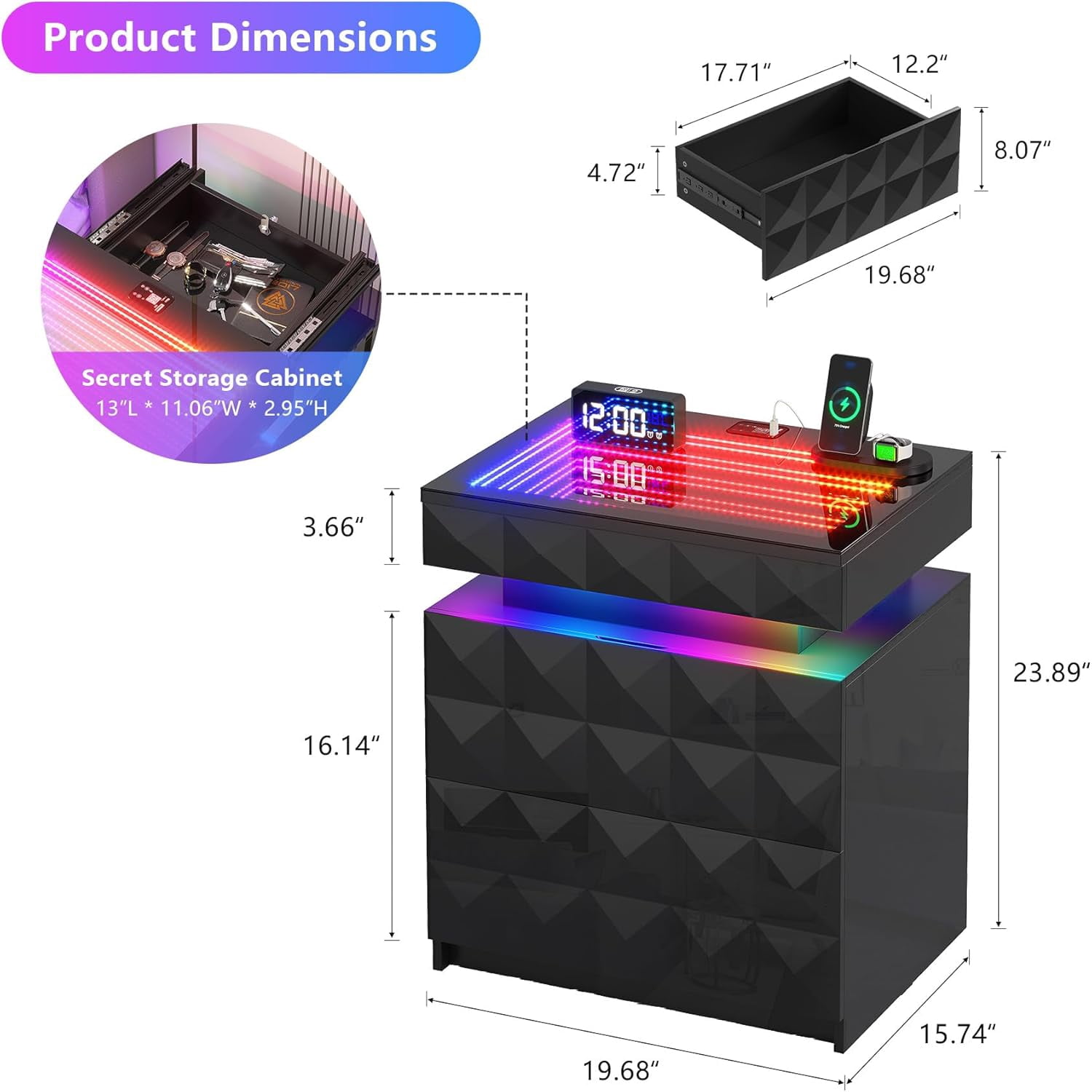 Bedside Table with Charger Station and RGB Lights, Nightstand with 3 Drawers and Sliding Top, Modern Night Stand with Human Body Sensor for Bedroom & Living Room - Image 6