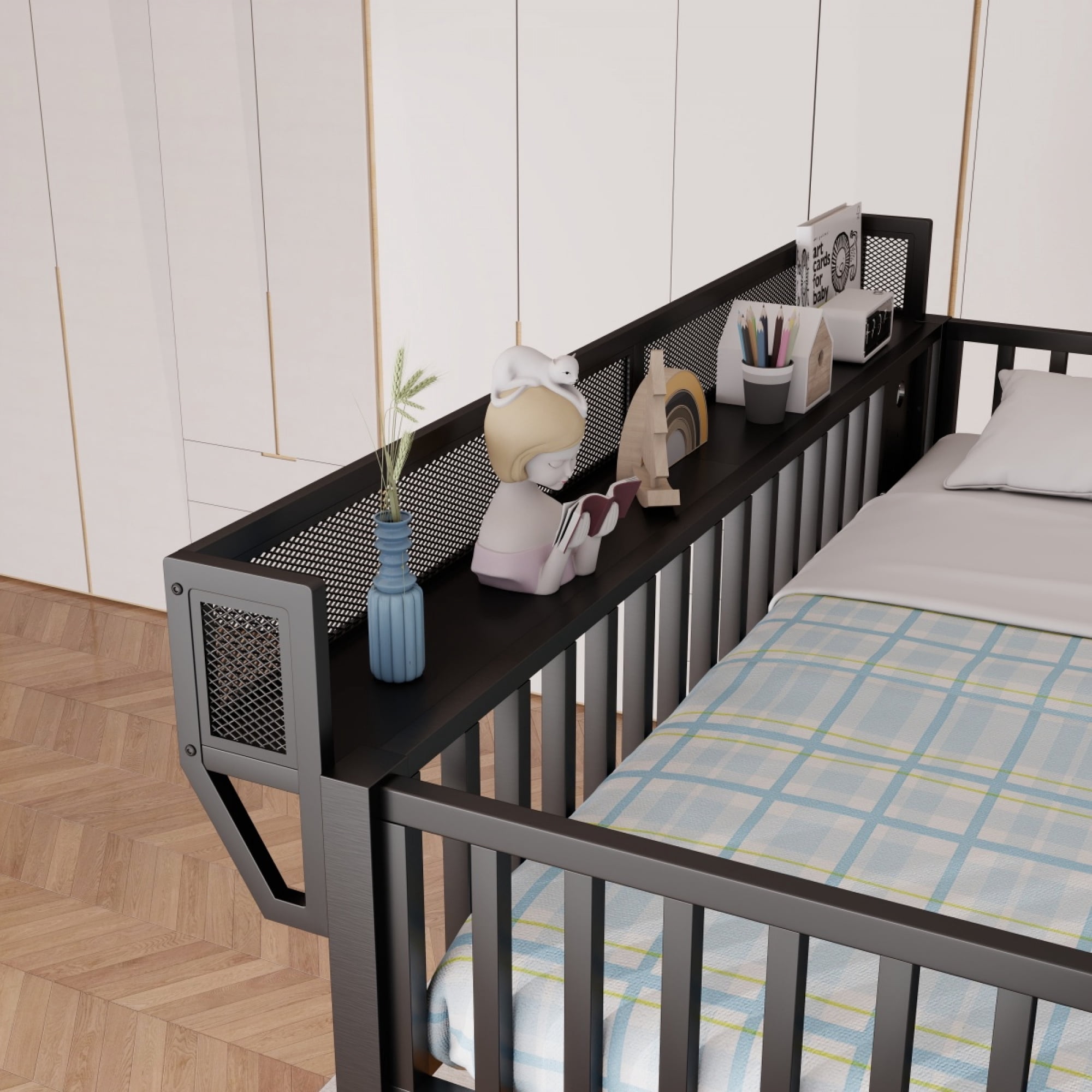 Full Loft Bed with 4 Shelf Storage Rack and Charging Station, Metal Full Loft Bed with Stairs Storage for Bedroom,Black - Image 9