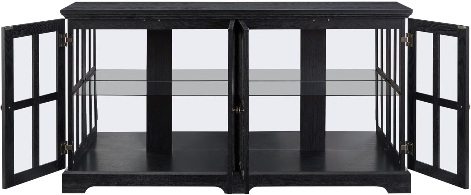 59" W LED Glass Display with 7 Color Lights, Vintage Curio Cabinet with 4 Glass Doors and Adjustable Shelves, Wooden China Case with Smartphone-Controlled for Living Room (Black) - Image 6
