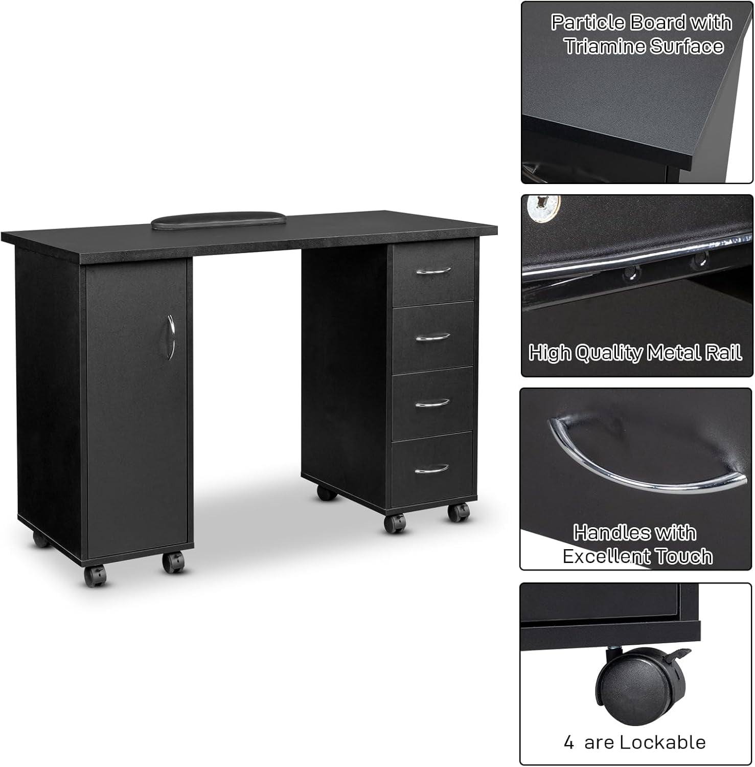 Karl home Manicure Table Nail Desk with Wrist Rest, 47.2"*21.3"*31.9" Nail Station or Nail Tech, Beauty Salon Nail Supplies Decor Workstation,with Storage Drawers & Cabinet, Black - Image 4