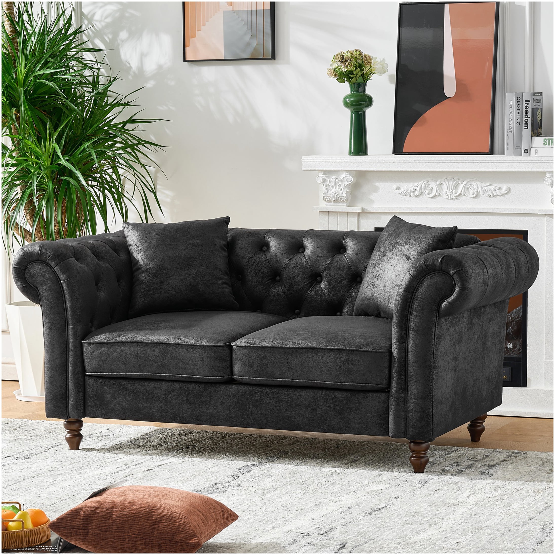 Black Chesterfield Tech Fabric Sofa, 66" Modern 2-Seater Couch with Rolled Arms, Upholstered Sofa for Living Room, Apartment, Office - Image 4