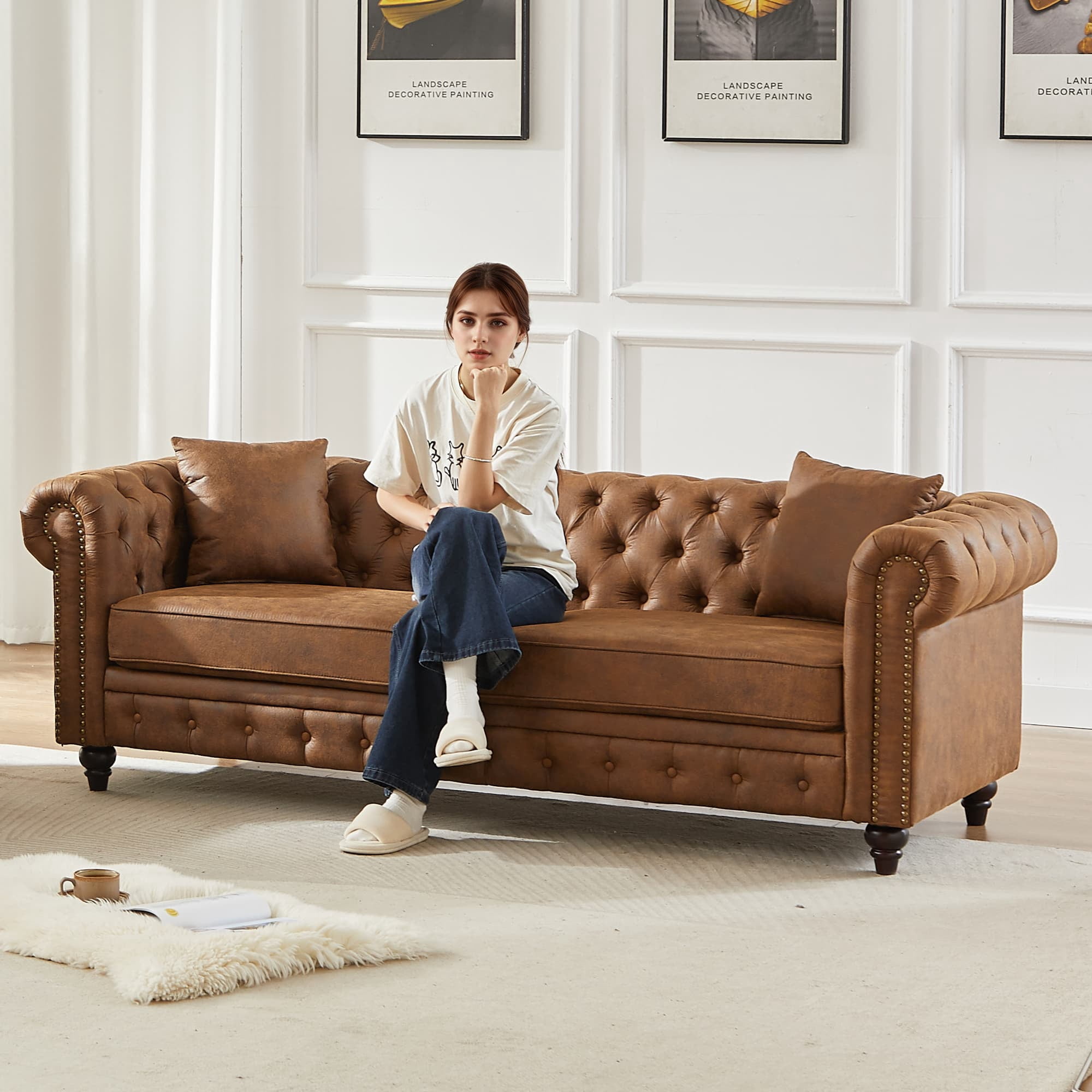 85.5" Rolled Arm 3 Seater Sofa, Tech Fabric Performance Couch with Button Tufted Design, Heavy Duty Wood Frame 750lbs Capacity, Brown - Image 2