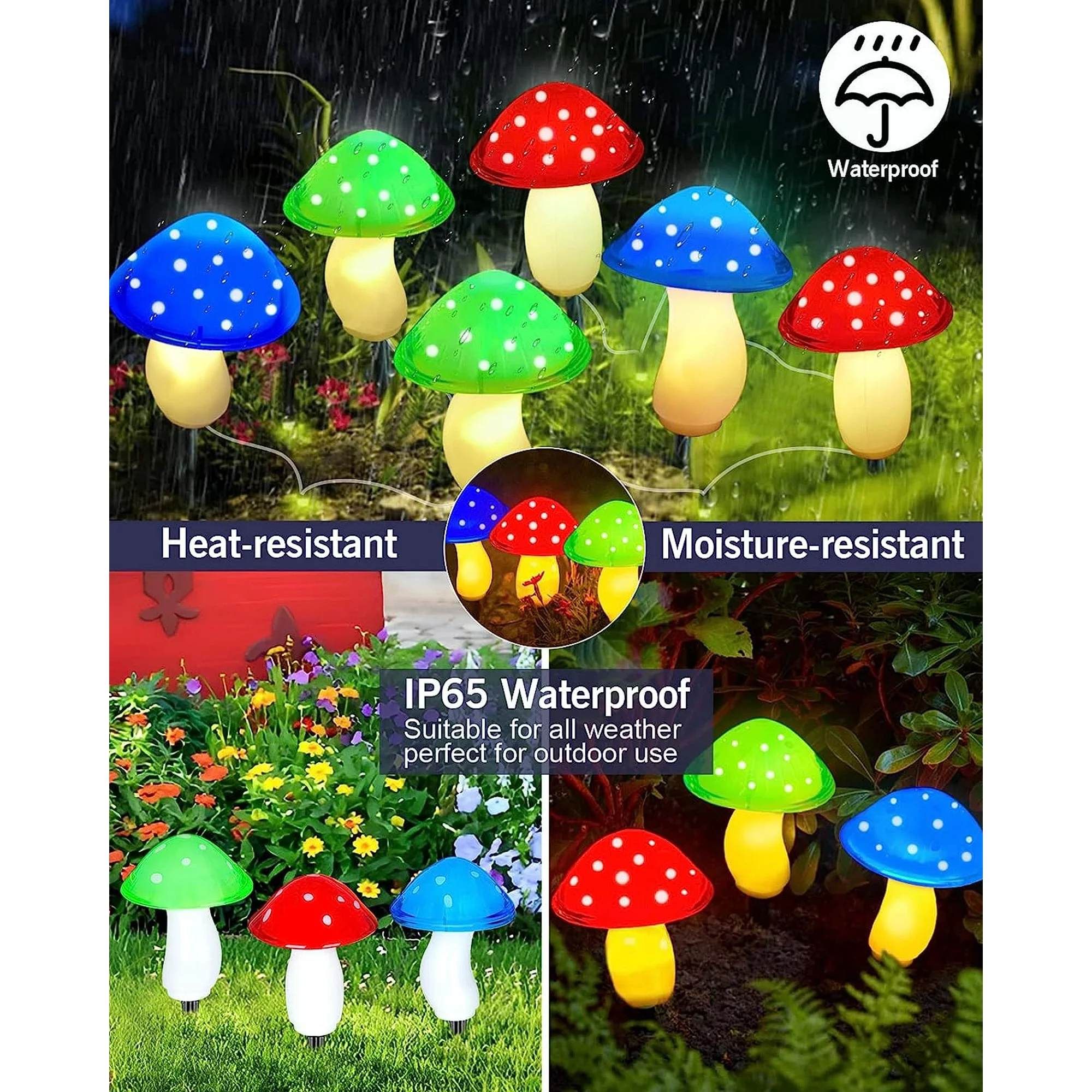 Rirool 8 Pack Solar Mushroom Lights Outdoor, 23ft Multicolor LED Fairy String Lights with 8 Modes, IP65 Waterproof for Garden Patio Yard Decor - Image 6