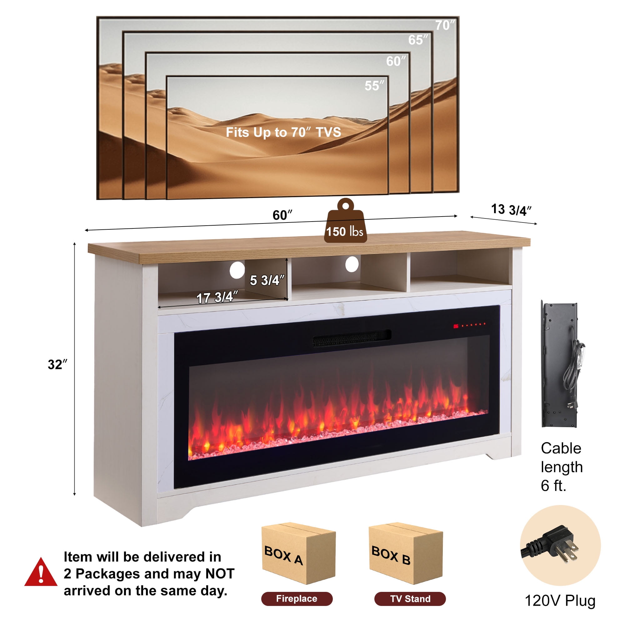 60 inch Fireplace TV Stand for TVs up to 70",with 50"smart Electric Fireplace,white - Image 6