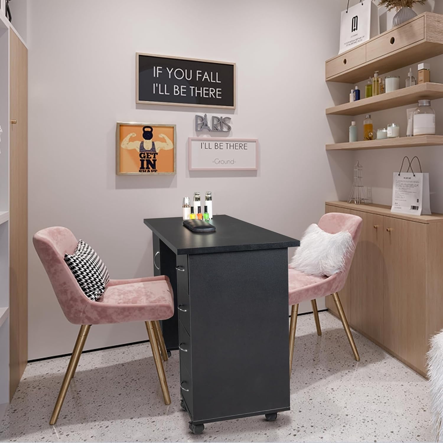 Karl home Manicure Table Nail Desk with Wrist Rest, 47.2"*21.3"*31.9" Nail Station or Nail Tech, Beauty Salon Nail Supplies Decor Workstation,with Storage Drawers & Cabinet, Black - Image 2