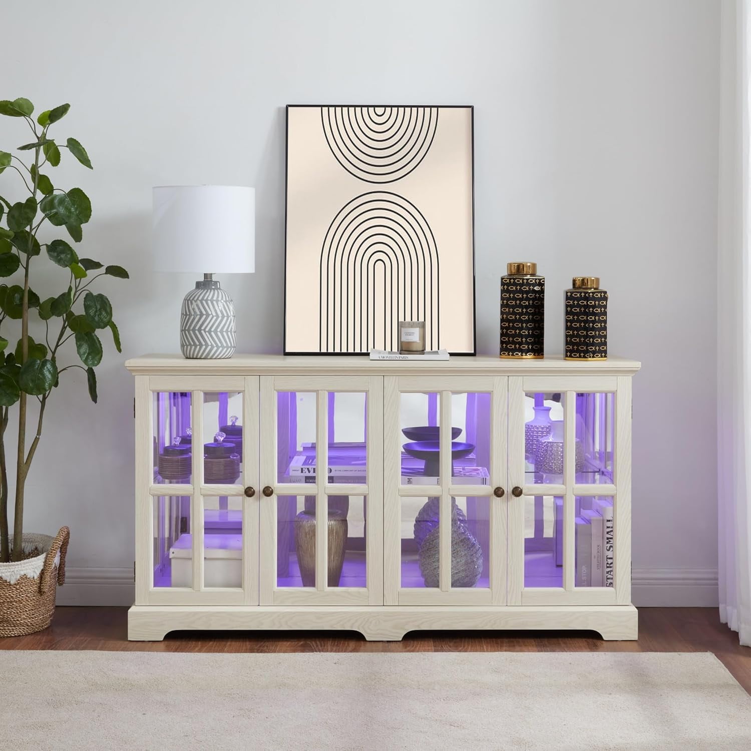 59" W LED Glass Display with 7 Color Lights, Vintage Curio Cabinet with 4 Glass Doors and Adjustable Shelves, Wooden China Case with Smartphone-Controlled for Living Room (White) - Image 8