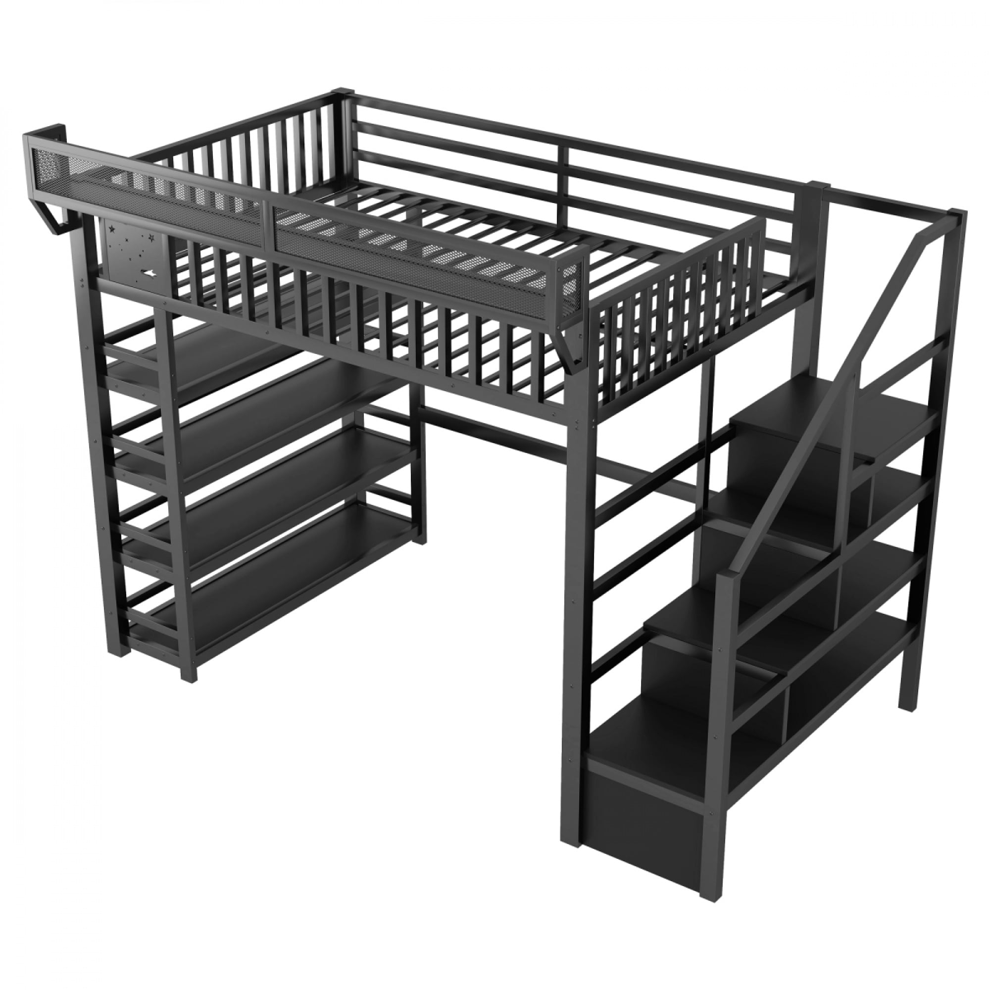 Full Loft Bed with 4 Shelf Storage Rack and Charging Station, Metal Full Loft Bed with Stairs Storage for Bedroom,Black - Image 11