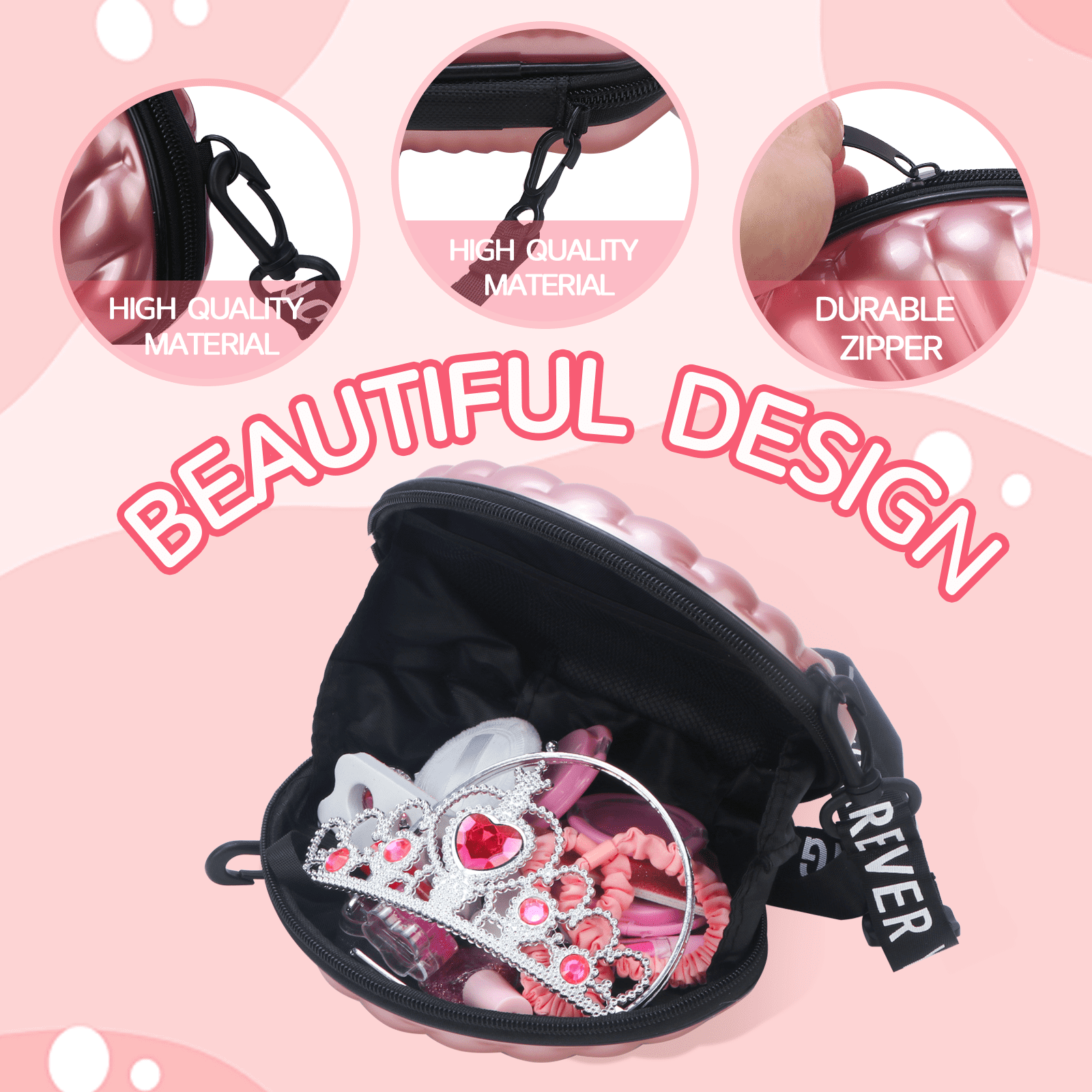 Rirool Girls Makeup Kit โ Washable Play Cosmetics with Pink Seashell Bag, Nail Stickers, Lipsticks, Eyeshadow & Brushes, Ages 3-10 - Image 2