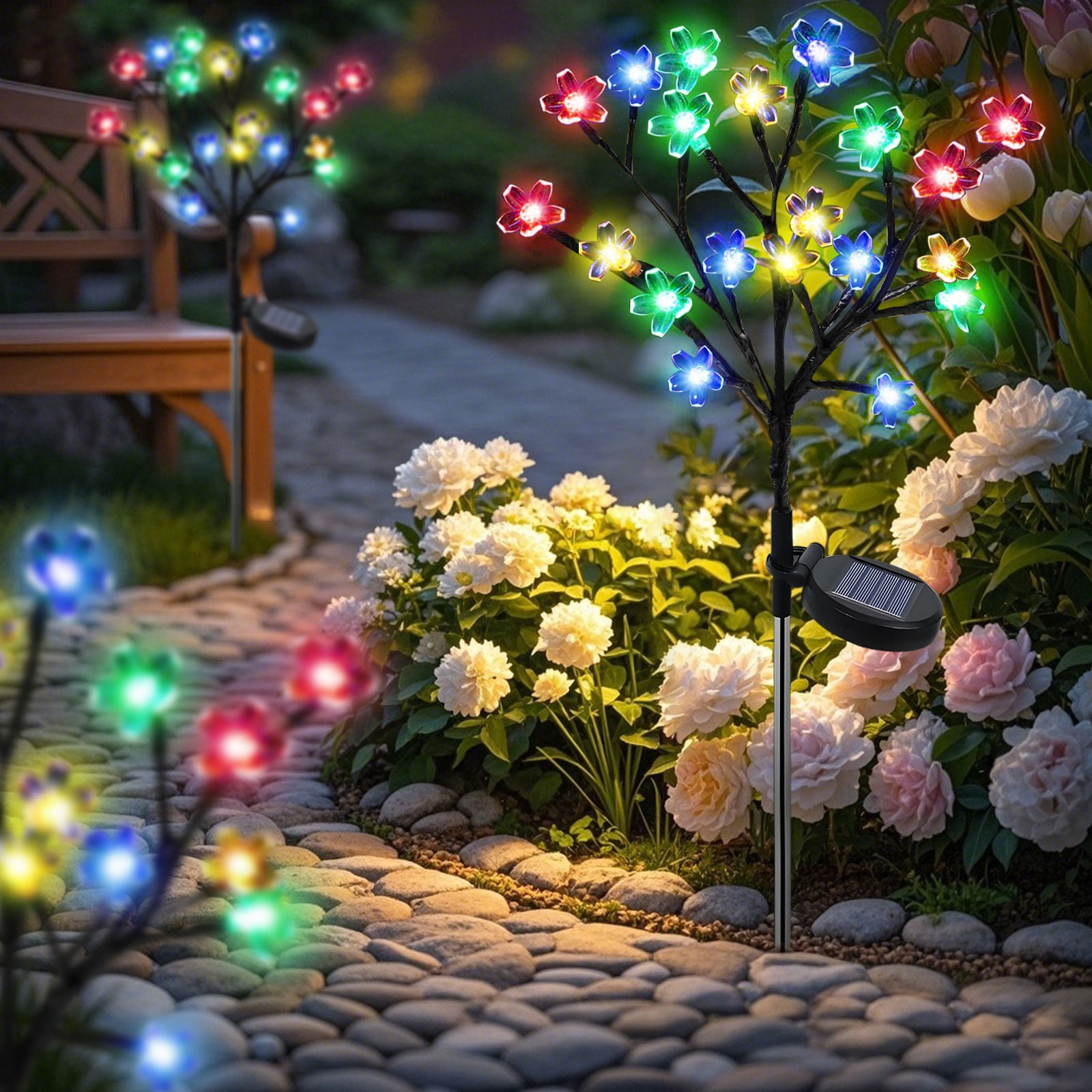 Rirool Solar Flower Lights, 20 Cherry Blossom LED Solar Garden Lights, 2-Pack Waterproof Multi-Color Outdoor Lights for Pathway, Yard, Patio, and Christmas Decoration - Image 6