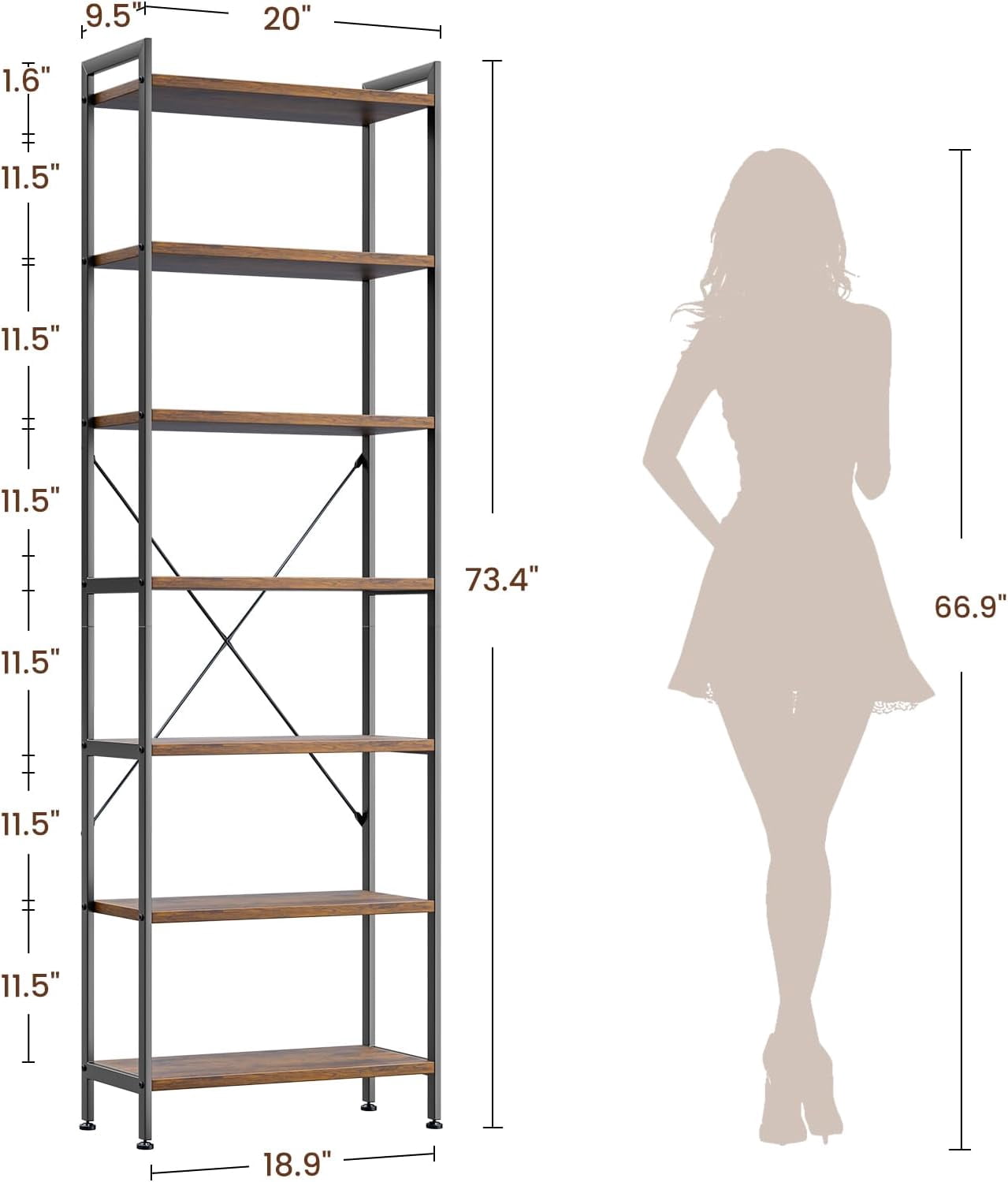 Book Shelf, 6/7 Tier Tall Bookshelf, Modern Wood Bookcase Shelves for Bedroom, Industrial Display Shelf for Living Room Home Office Kitchen, Standing Shelving Unit Storage Organizer - Image 10