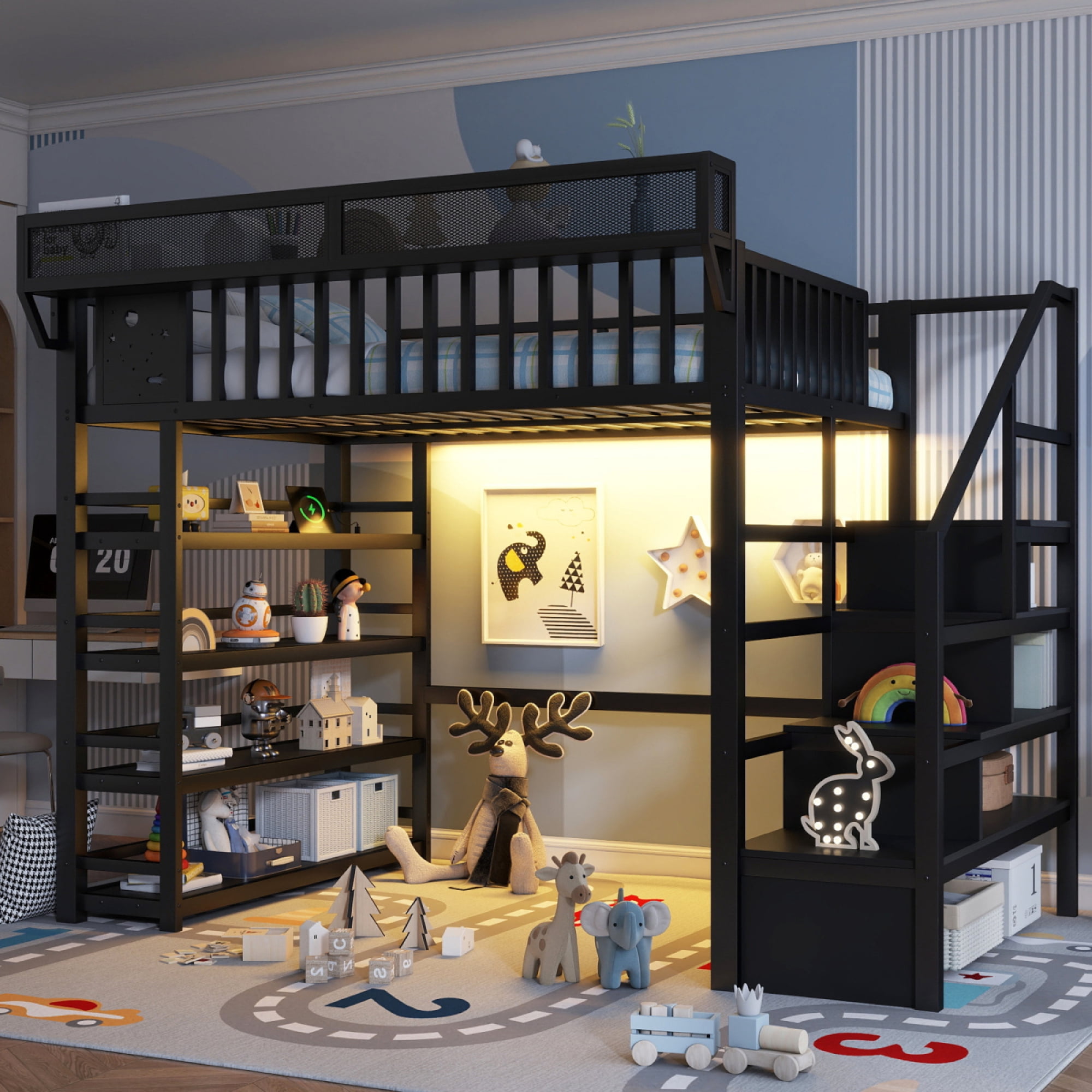 Full Loft Bed with 4 Shelf Storage Rack and Charging Station, Metal Full Loft Bed with Stairs Storage for Bedroom,Black - Image 7
