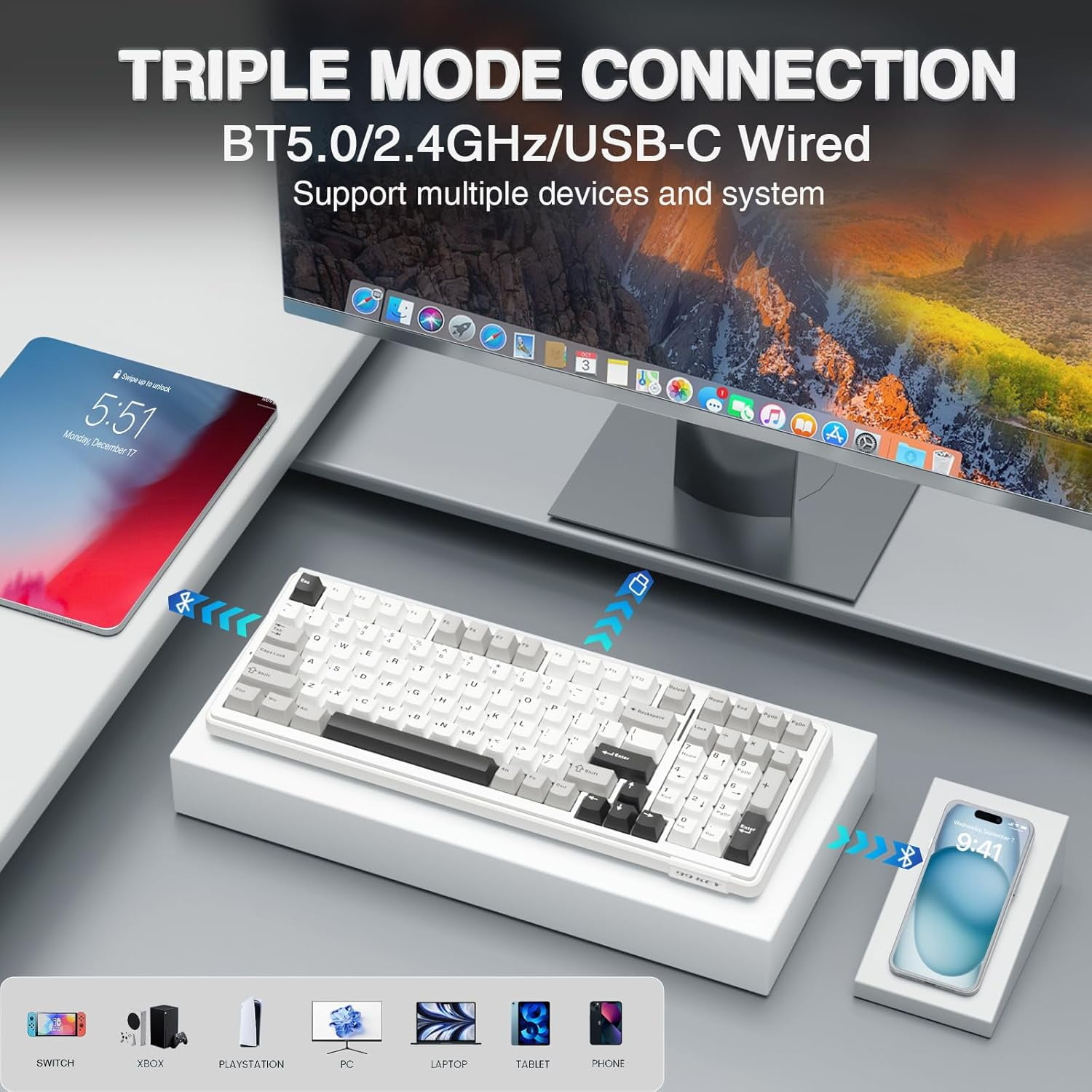 F99 Wireless Mechanical Keyboard,Tri-Mode BT5.0/2.4GHz/USB-C Hot Swappable Custom Keyboard,Pre-lubed Linear Switches,RGB Backlit Computer Gaming Keyboards for PC/Tablet/PS/Xbox - Image 8