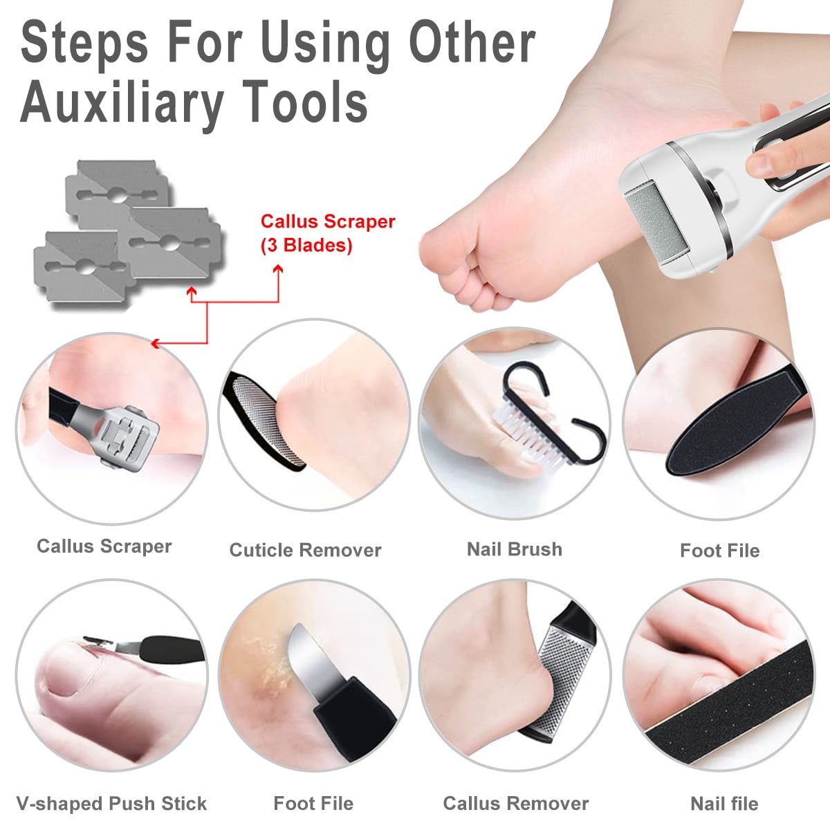 Rirool Electric Callus Remover Kit, 18-in-1 Pedicure Tool Set with 3 Roller Heads for Removing Cracked Heels and Dead Skin,White - Image 2