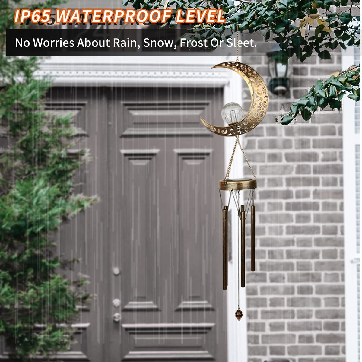 Rirool Solar Wind Chimes Retro Brass Moon Design with LED Crackle Glass Globe, 5 Metal Tubes, Warm Light, Outdoor Garden Decoration, Memorial Gift for Yard, Patio - Image 4