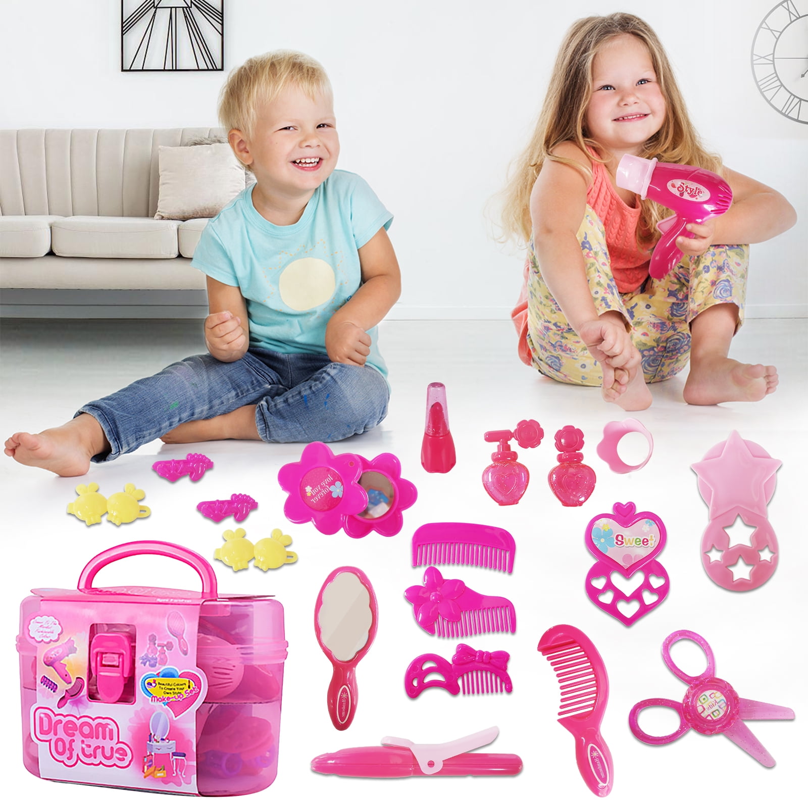 Rirool Little Girl Pretend Play Makeup & Hair Station Set with Case - Beauty Salon Toy Kit for Ages 1-4 - Image 2