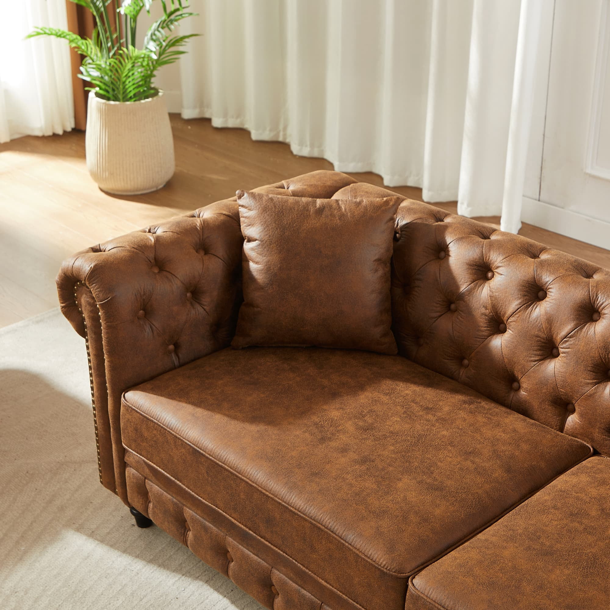 85.5" Rolled Arm 3 Seater Sofa, Tech Fabric Performance Couch with Button Tufted Design, Heavy Duty Wood Frame 750lbs Capacity, Brown - Image 11