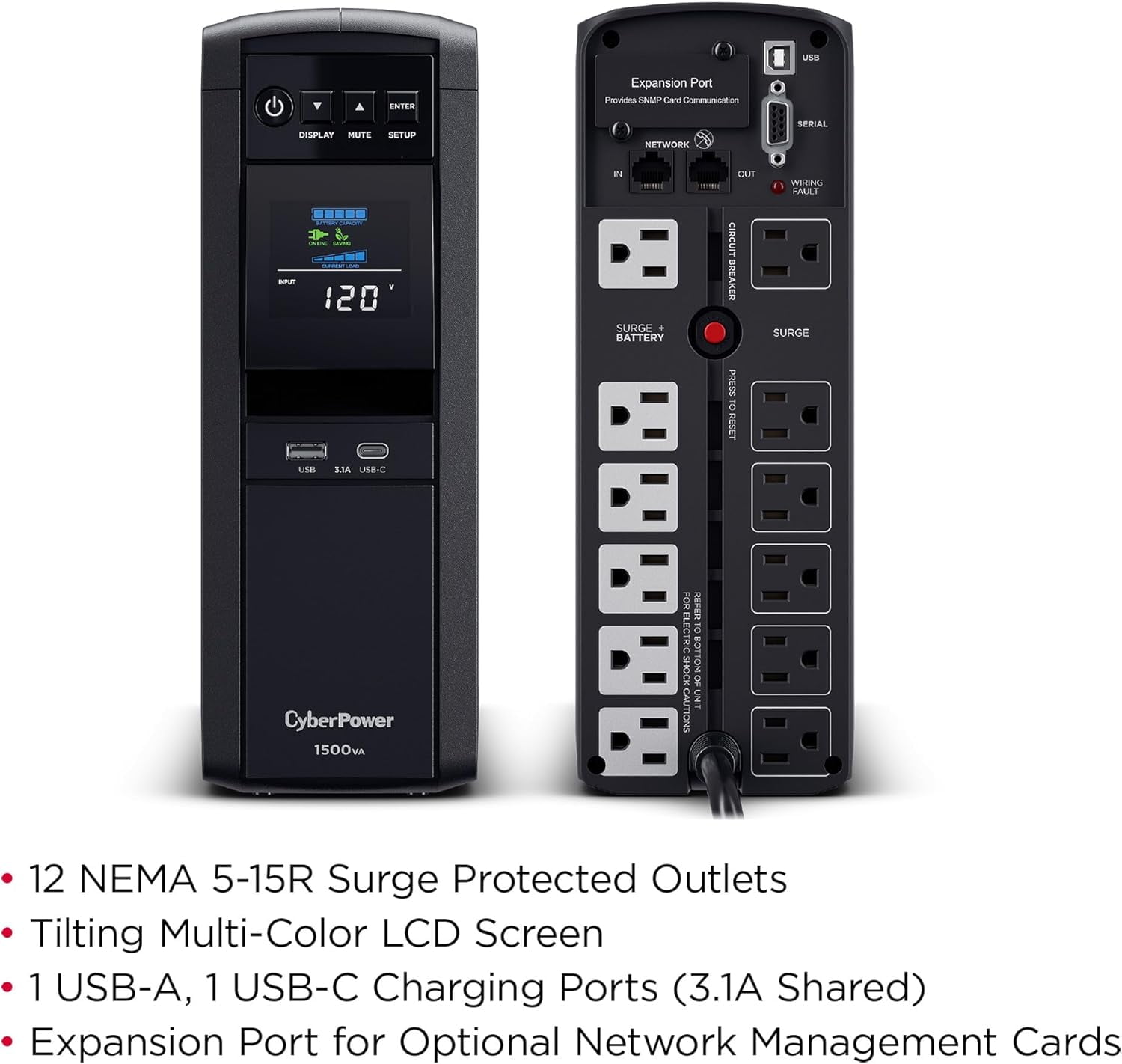 CyberPower CP1500PFCLCD 1500VA/1000W Pure Sine Wave UPS Battery Backup, PFC Compatible, 12 Outlets, AVR Mini Tower - Image 6