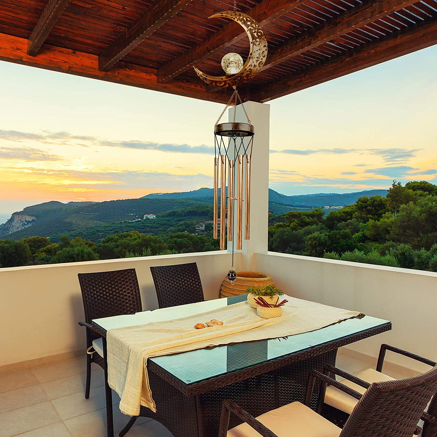 Rirool Solar Wind Chimes Retro Brass Moon Design with LED Crackle Glass Globe, 5 Metal Tubes, Warm Light, Outdoor Garden Decoration, Memorial Gift for Yard, Patio - Image 3