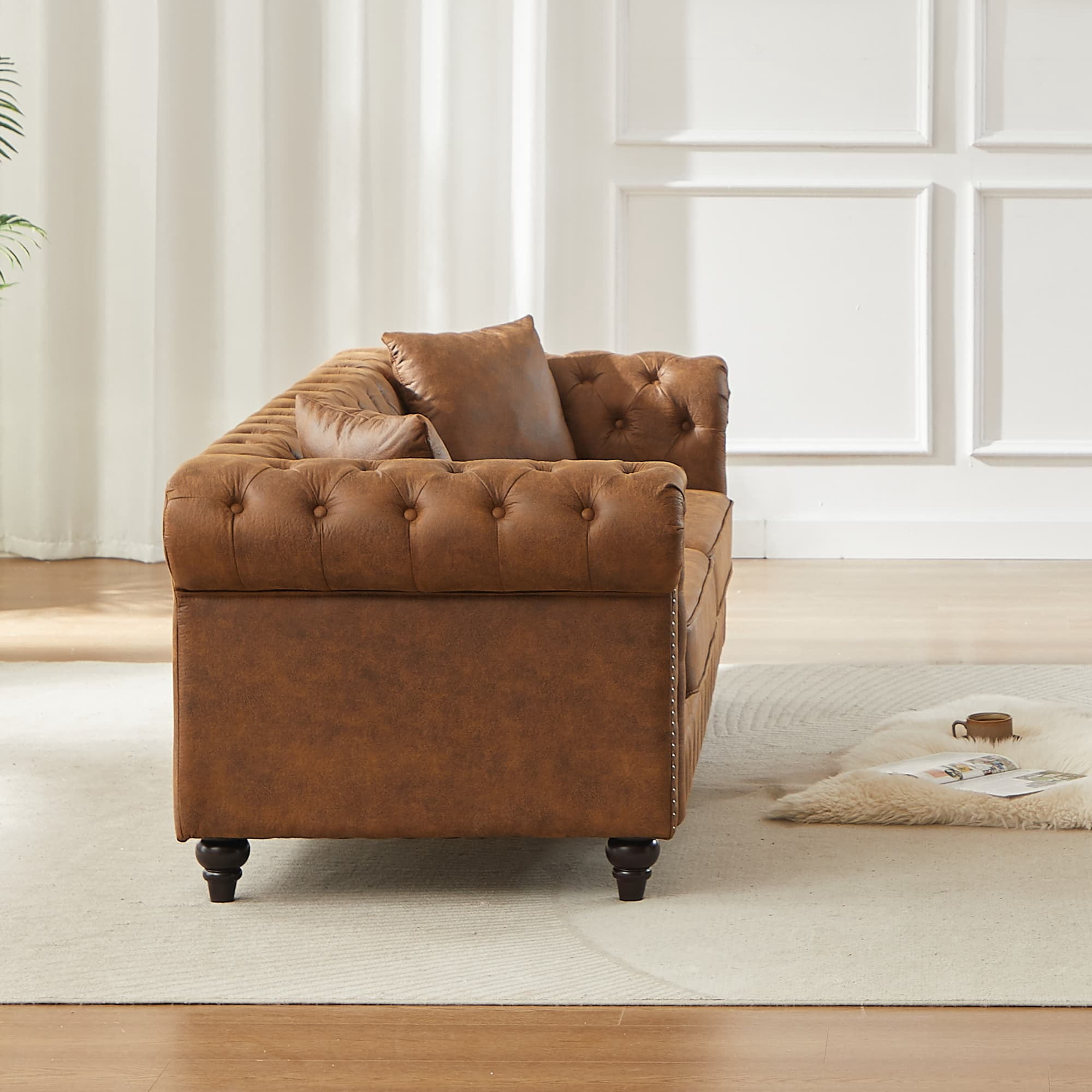 85.5" Rolled Arm 3 Seater Sofa, Tech Fabric Performance Couch with Button Tufted Design, Heavy Duty Wood Frame 750lbs Capacity, Brown - Image 8