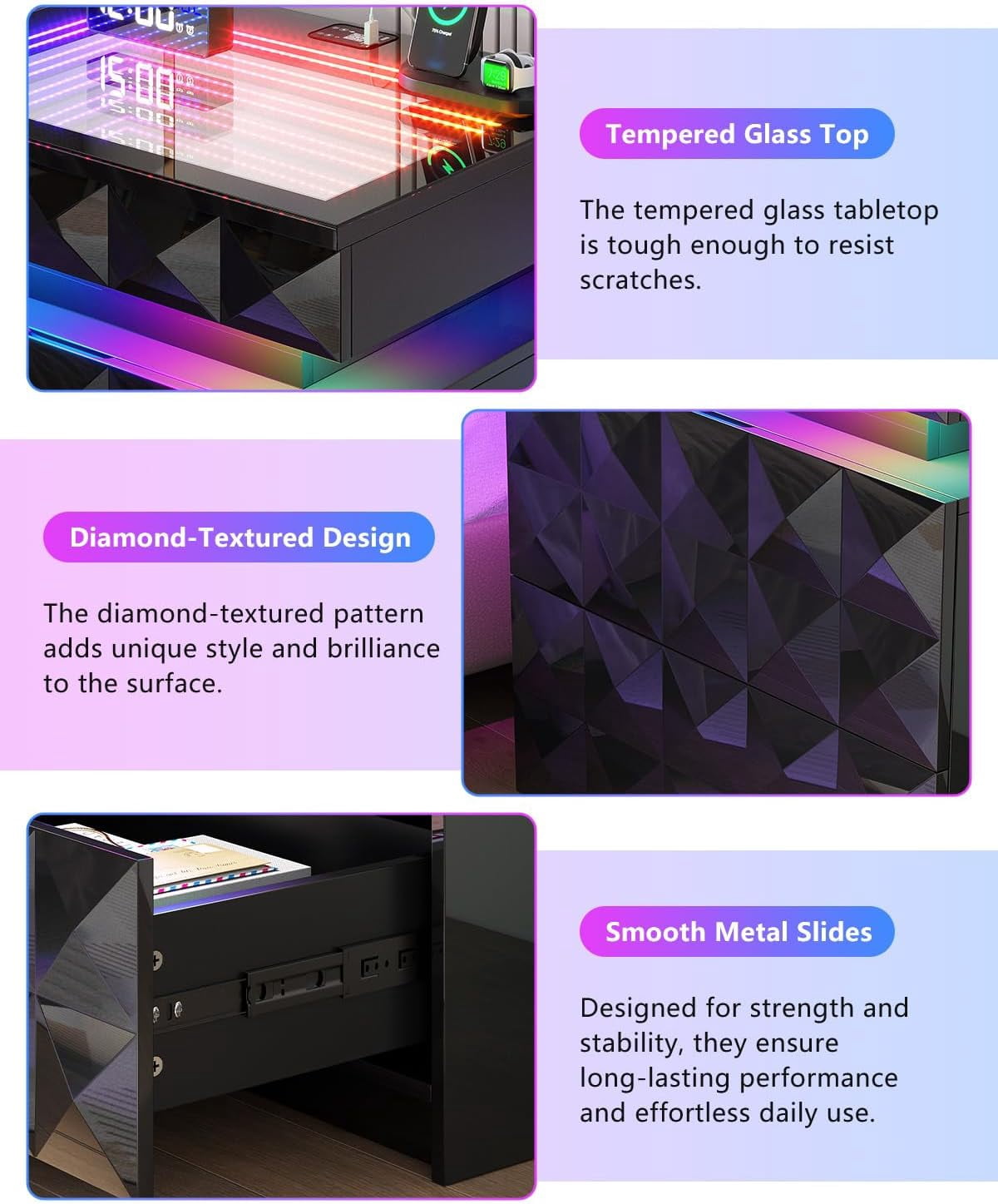 Bedside Table with Charger Station and RGB Lights, Nightstand with 3 Drawers and Sliding Top, Modern Night Stand with Human Body Sensor for Bedroom & Living Room - Image 9