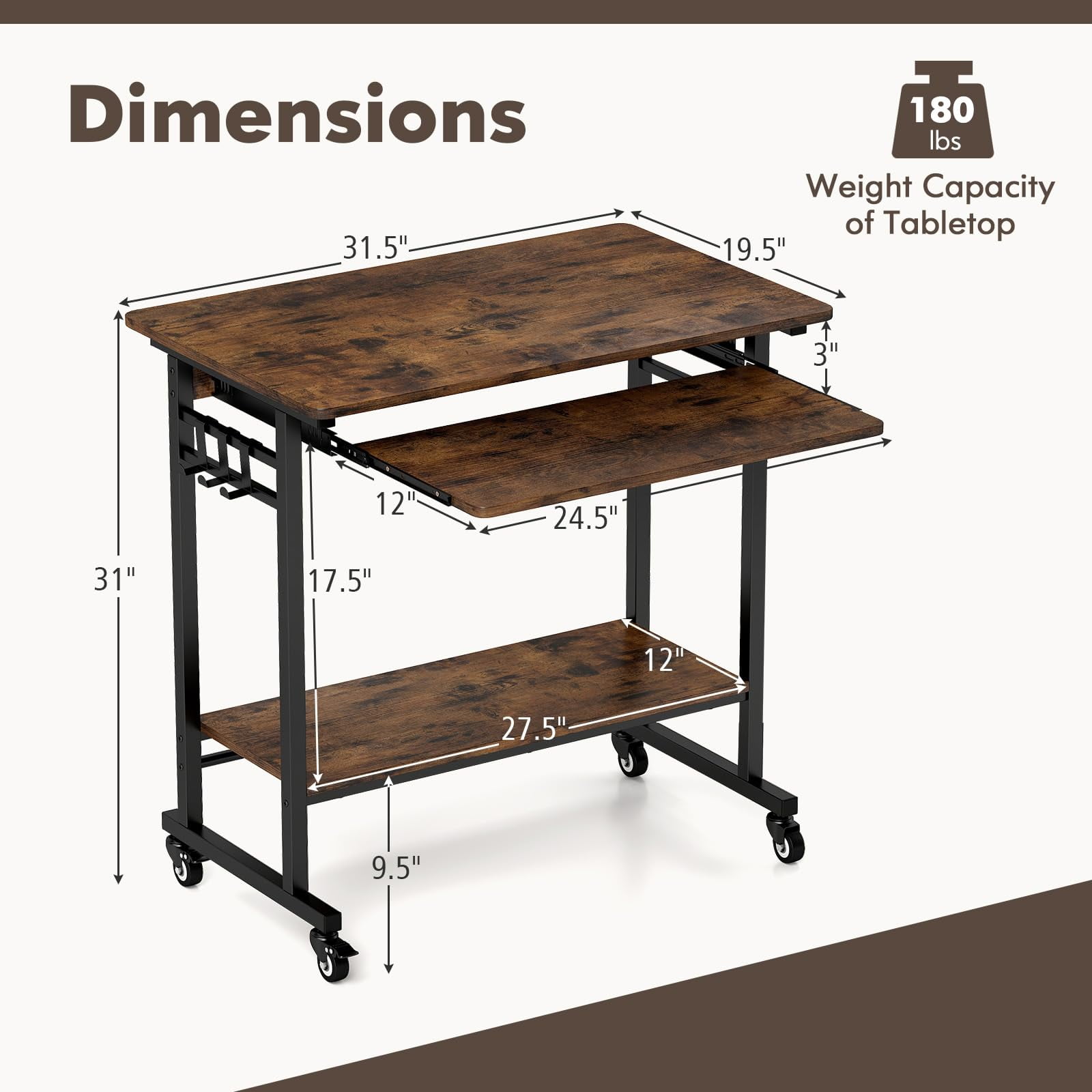Small Rolling Computer Desk with Keyboard Tray, Portable Laptop Cart with CPU Stand & 3 Hooks, Space-Saving Workstation for Home Office - Image 2