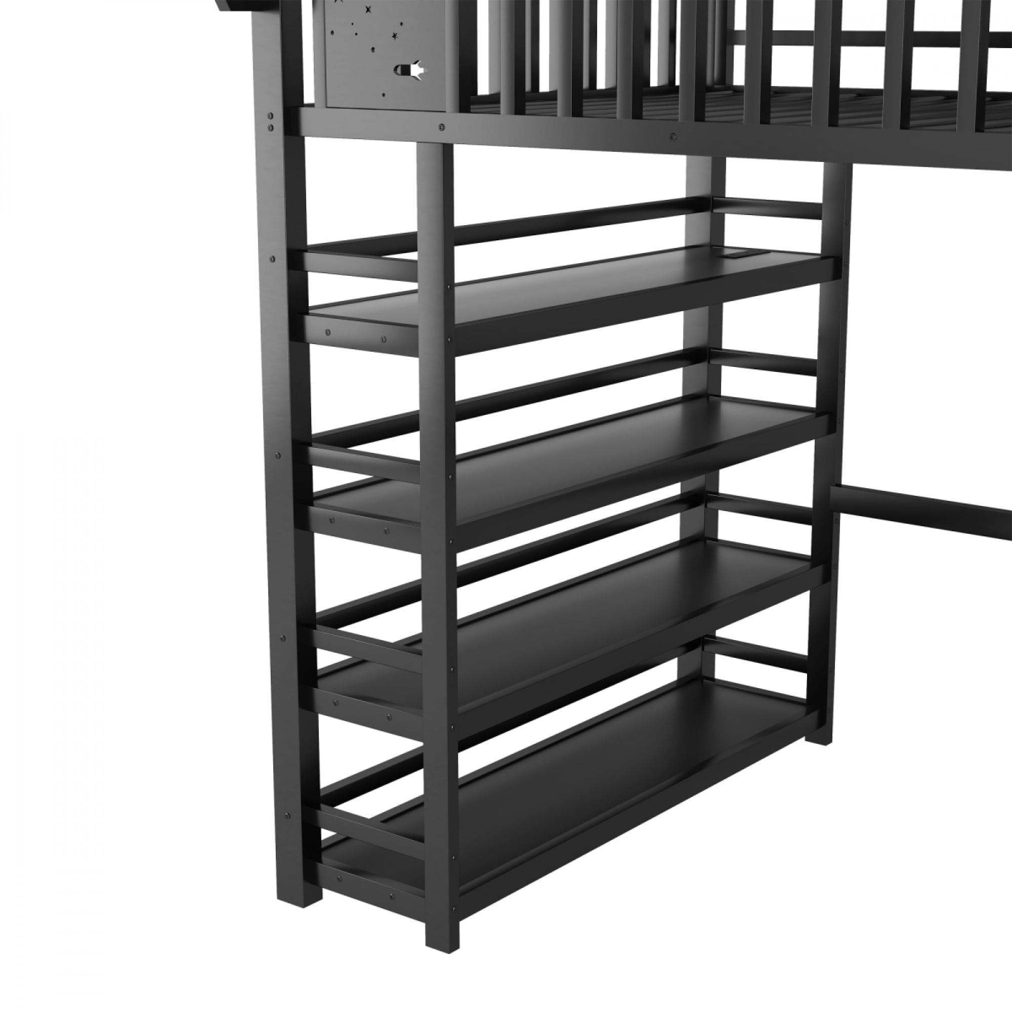 Full Loft Bed with 4 Shelf Storage Rack and Charging Station, Metal Full Loft Bed with Stairs Storage for Bedroom,Black - Image 14