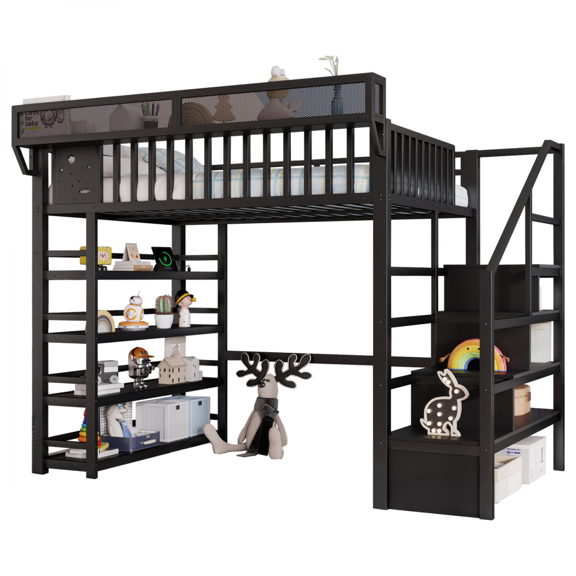 Full Loft Bed with 4 Shelf Storage Rack and Charging Station, Metal Full Loft Bed with Stairs Storage for Bedroom,Black - Image 5