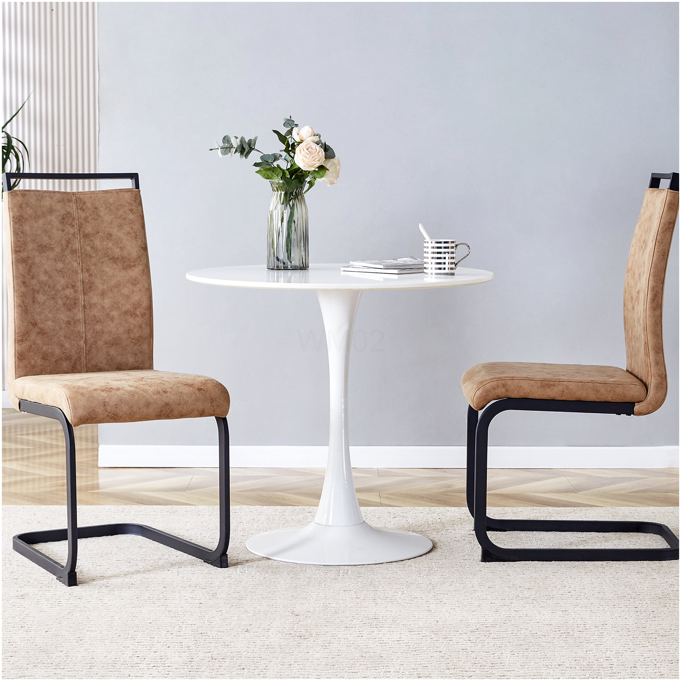 Brown Tech Cloth Dining Chairs Set of 2 - High Back Upholstered Side Chairs with C-Shaped Metal Legs for Kitchen, Dining Room, Office - Image 4