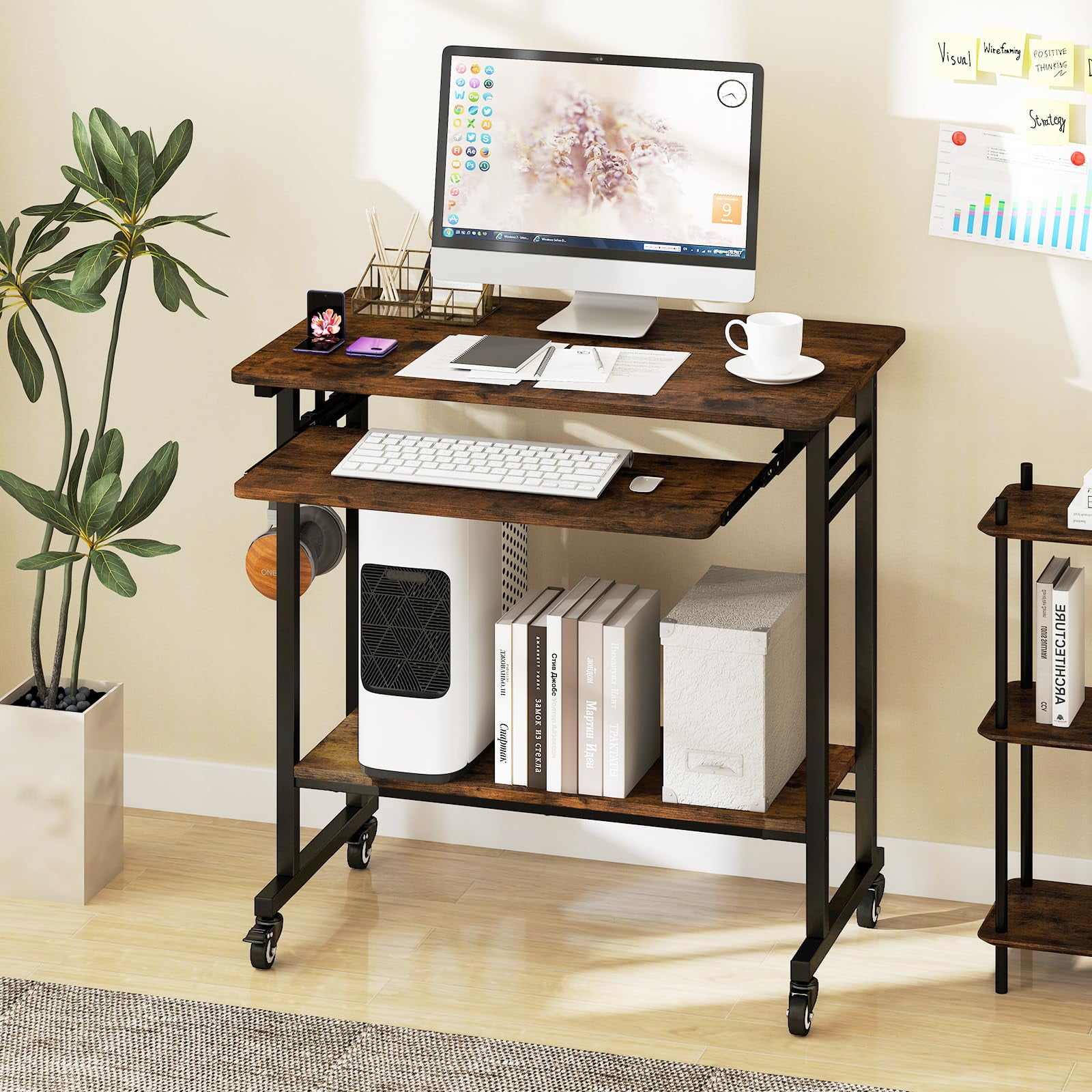 Small Rolling Computer Desk with Keyboard Tray, Portable Laptop Cart with CPU Stand & 3 Hooks, Space-Saving Workstation for Home Office - Image 6