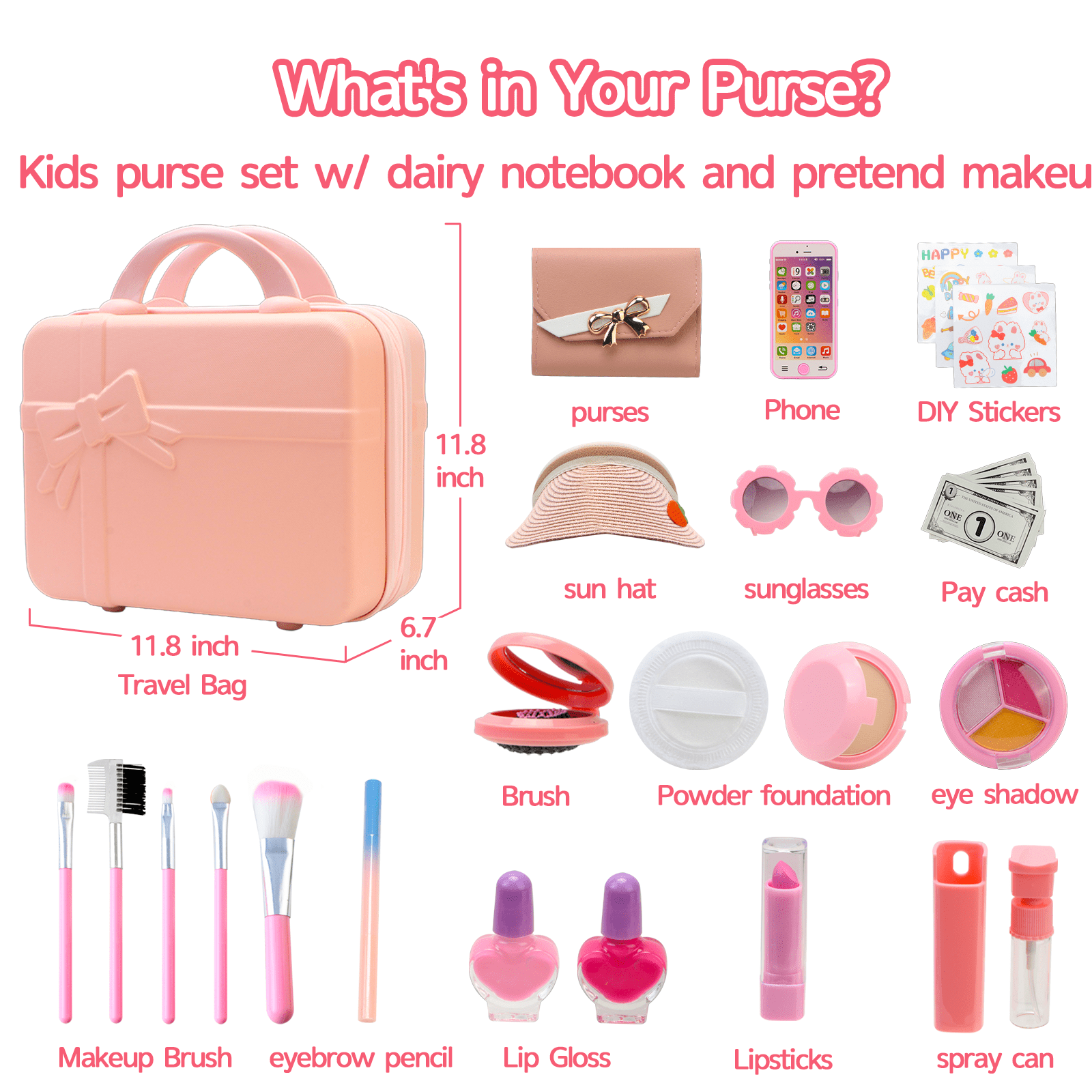 Rirool Kids Toy Travel Bag & Makeup Kit -39 Pcs Play Purse Set for Girls, Includes Wallet, Sunglasses, Phone, Sun Hat - Perfect Birthday Gift for 6-15 Year Olds - Image 3